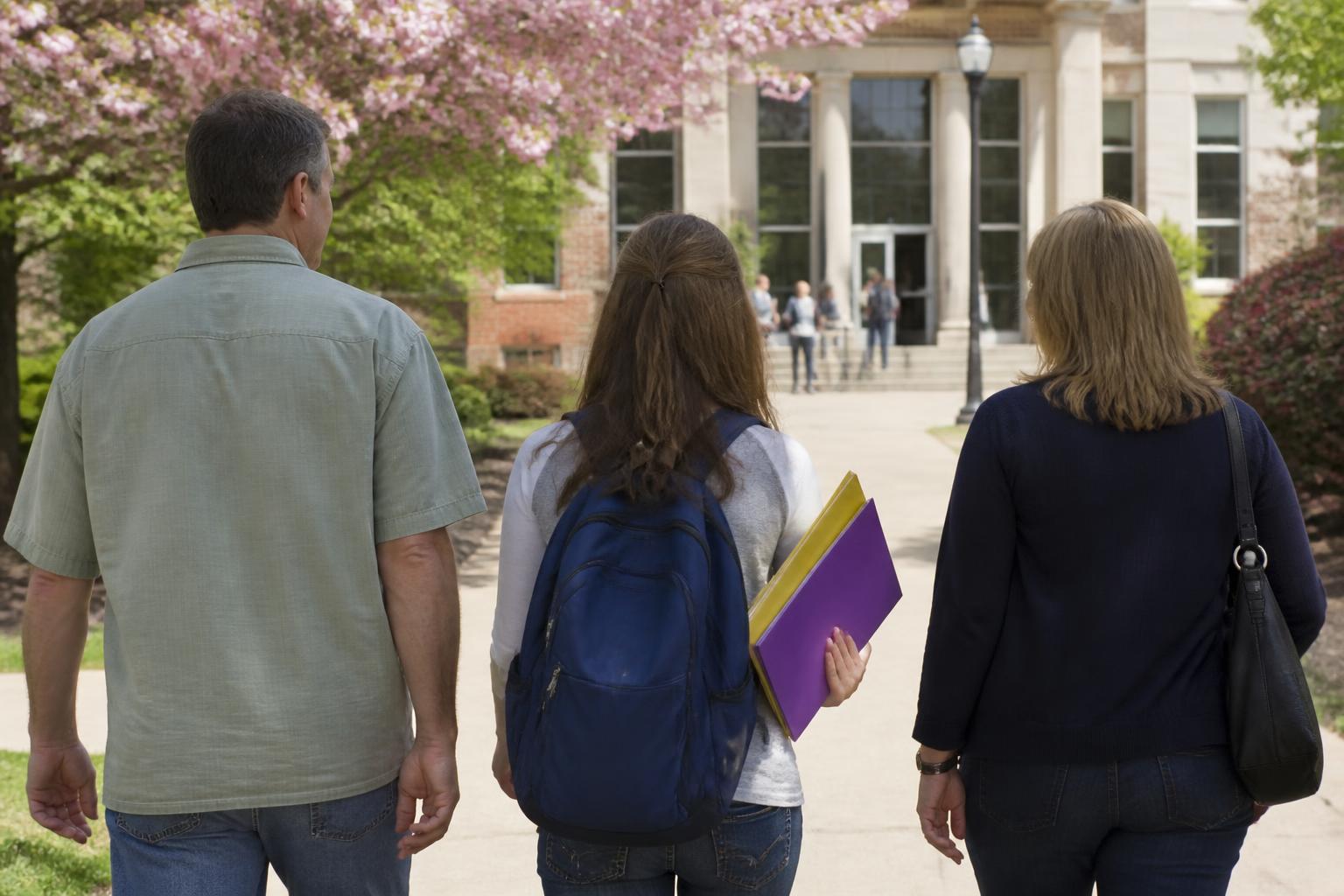 A family walking toward a campus aid office with blank folders.