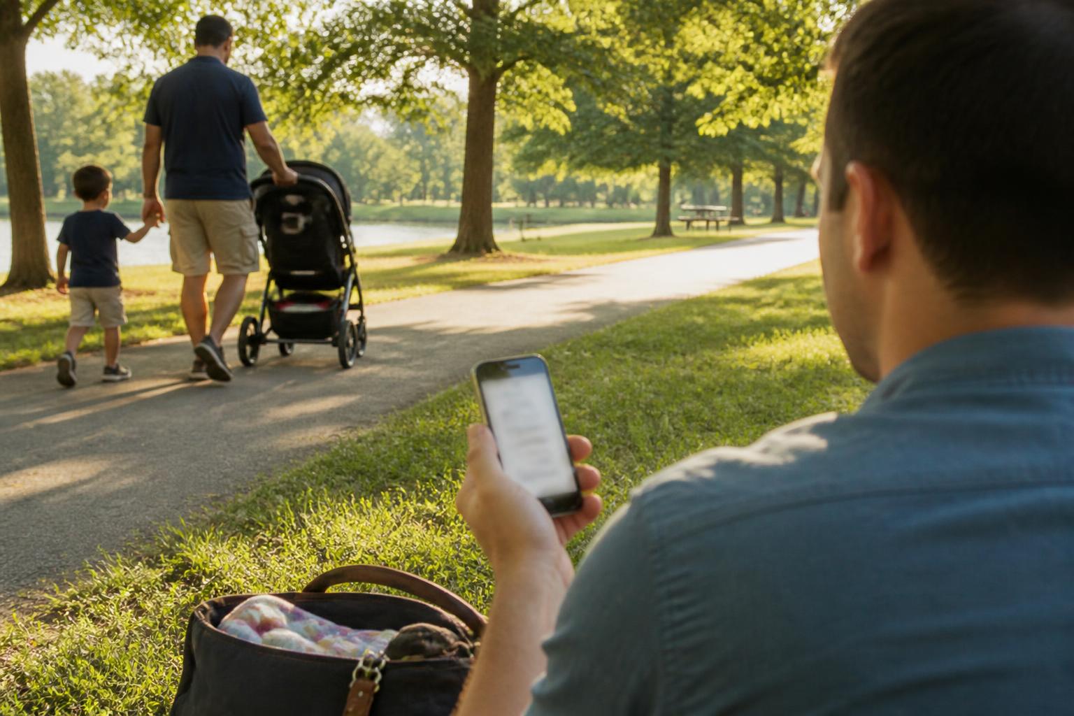 A family walking in a park while checking a blurred insurance quote.