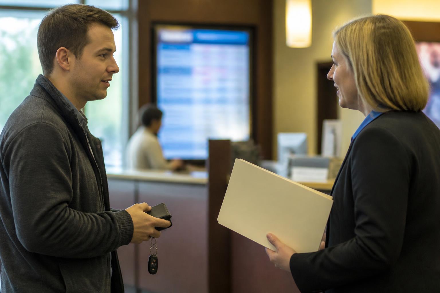 A borrower discussing variable debt with a loan officer at a credit union.