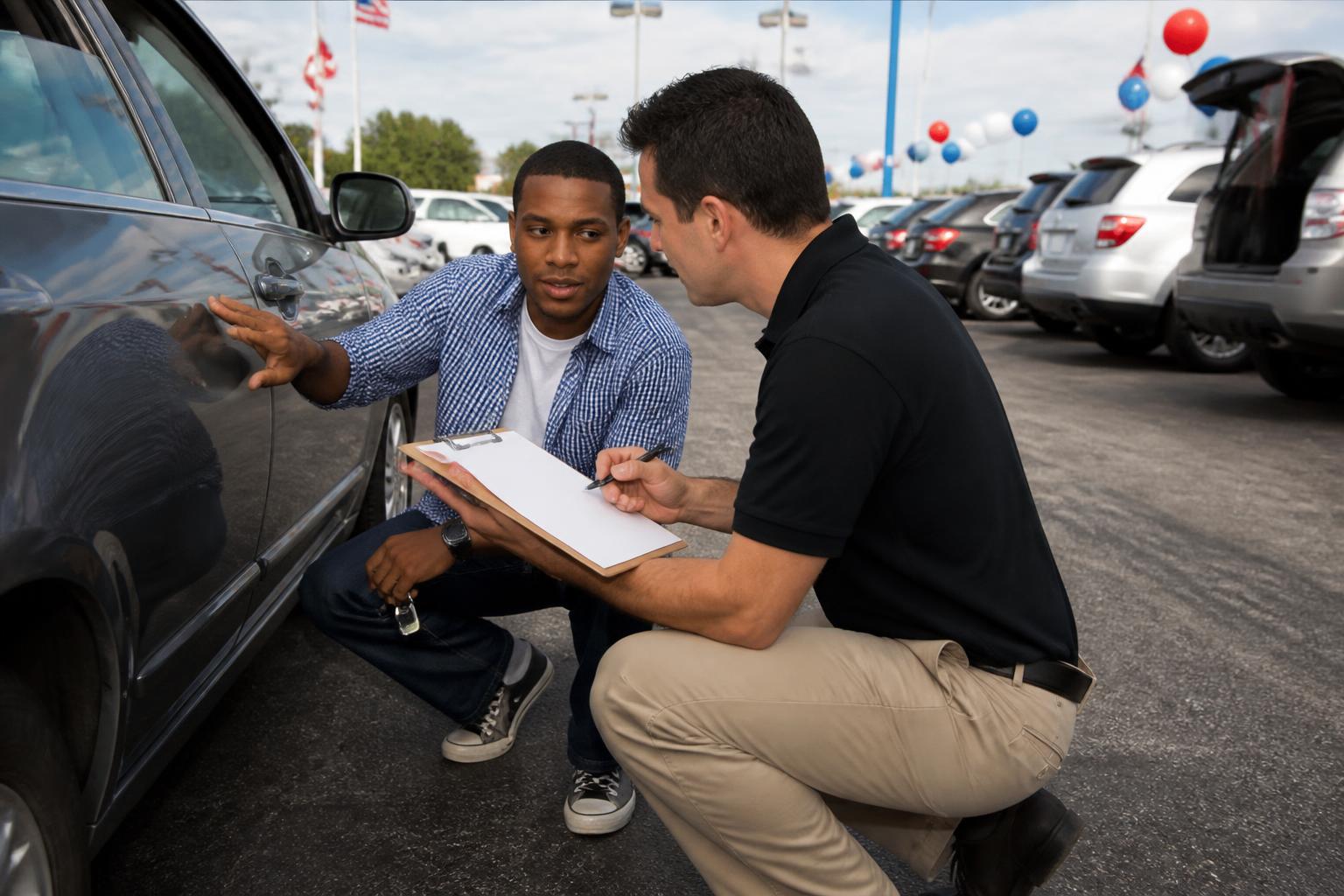 A buyer reviewing auto financing beside a car on an unbranded lot.