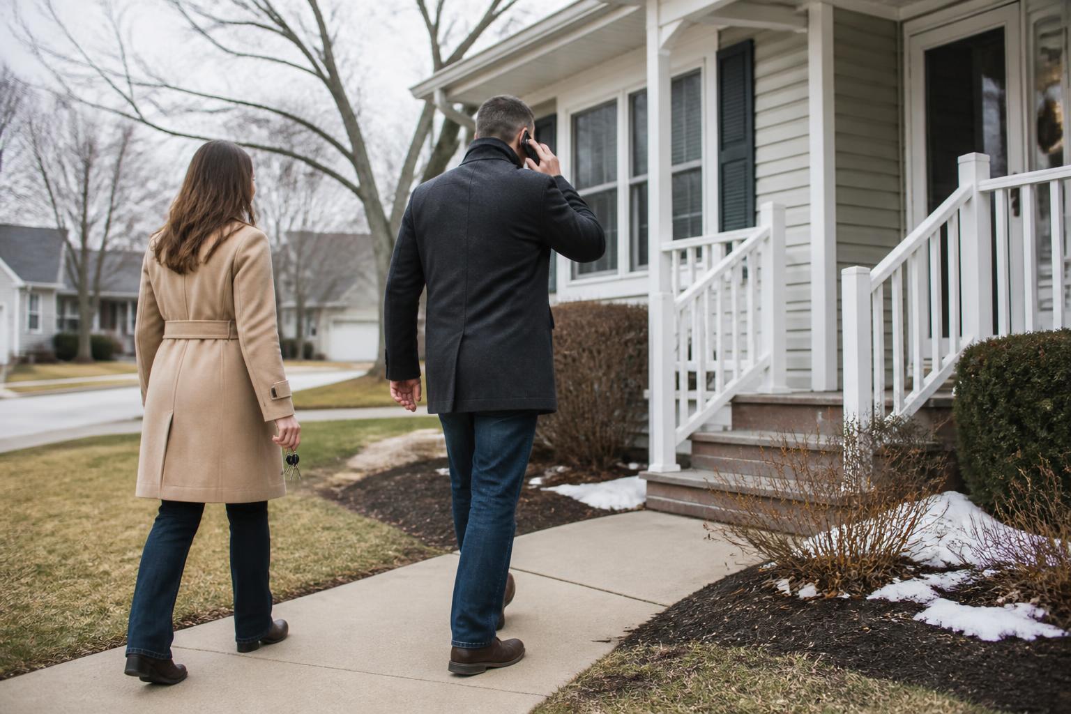 Homeowners walking toward a house while discussing a refinance by phone.