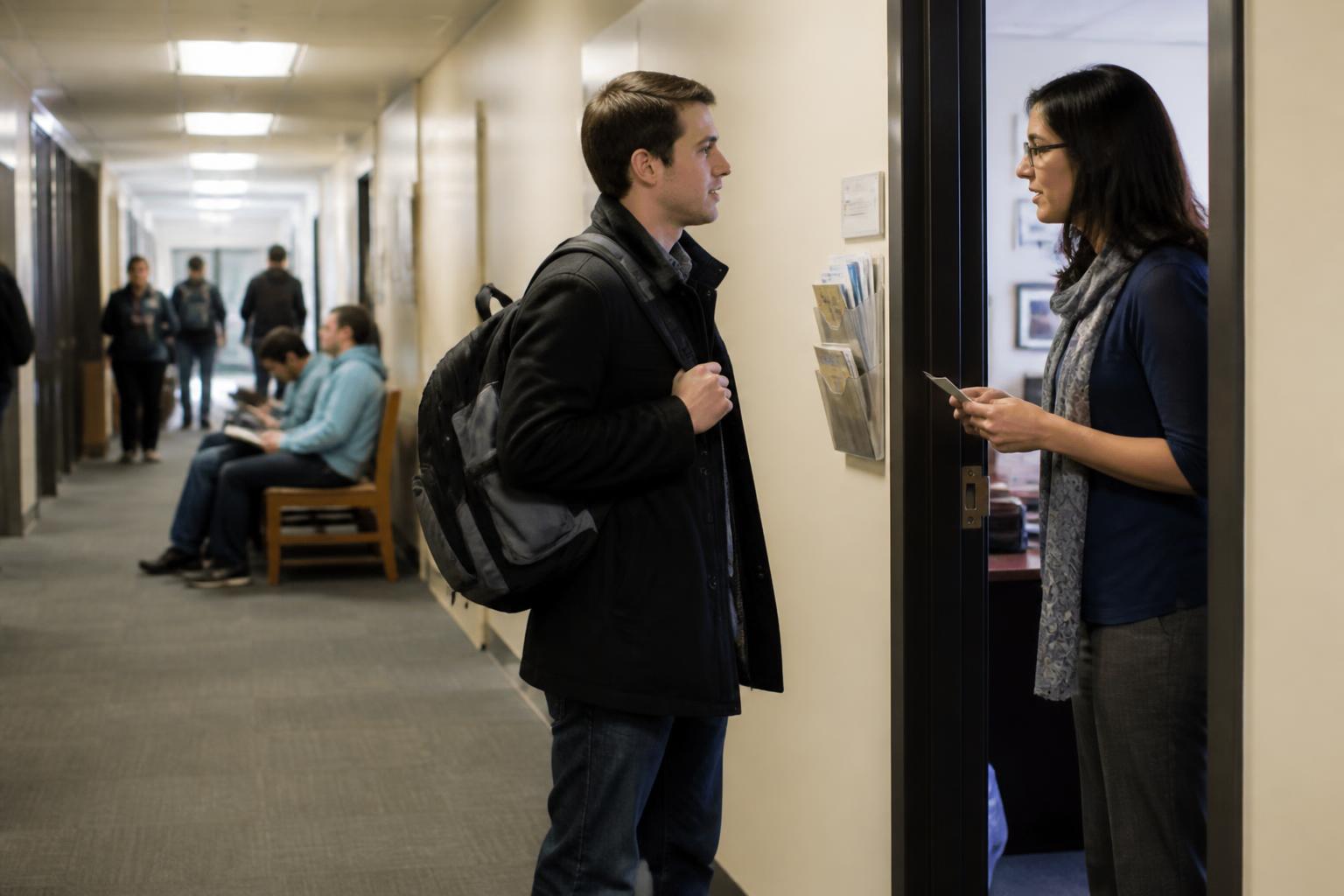 A graduate speaking with a financial aid counselor about student loans.