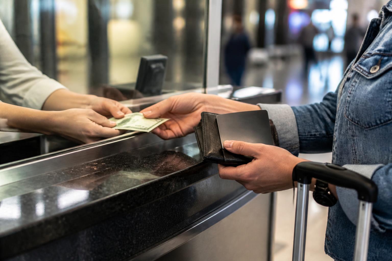 A traveler exchanging currency at an airport counter with a travel wallet.