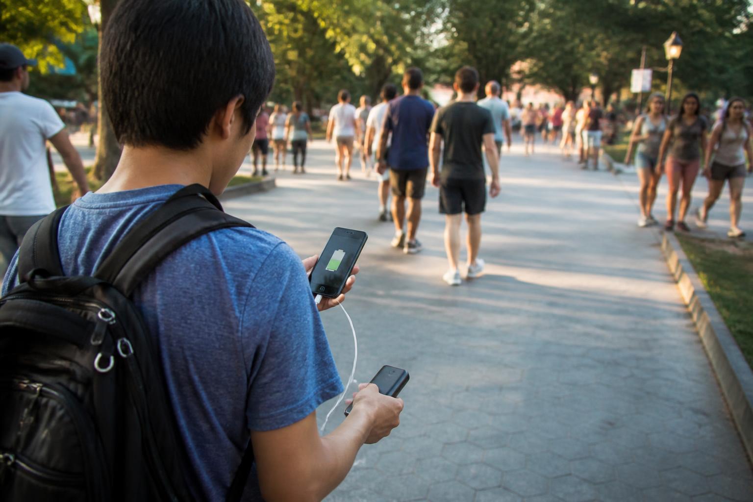 A phone user walking through a park with a power bank during heavy data use.