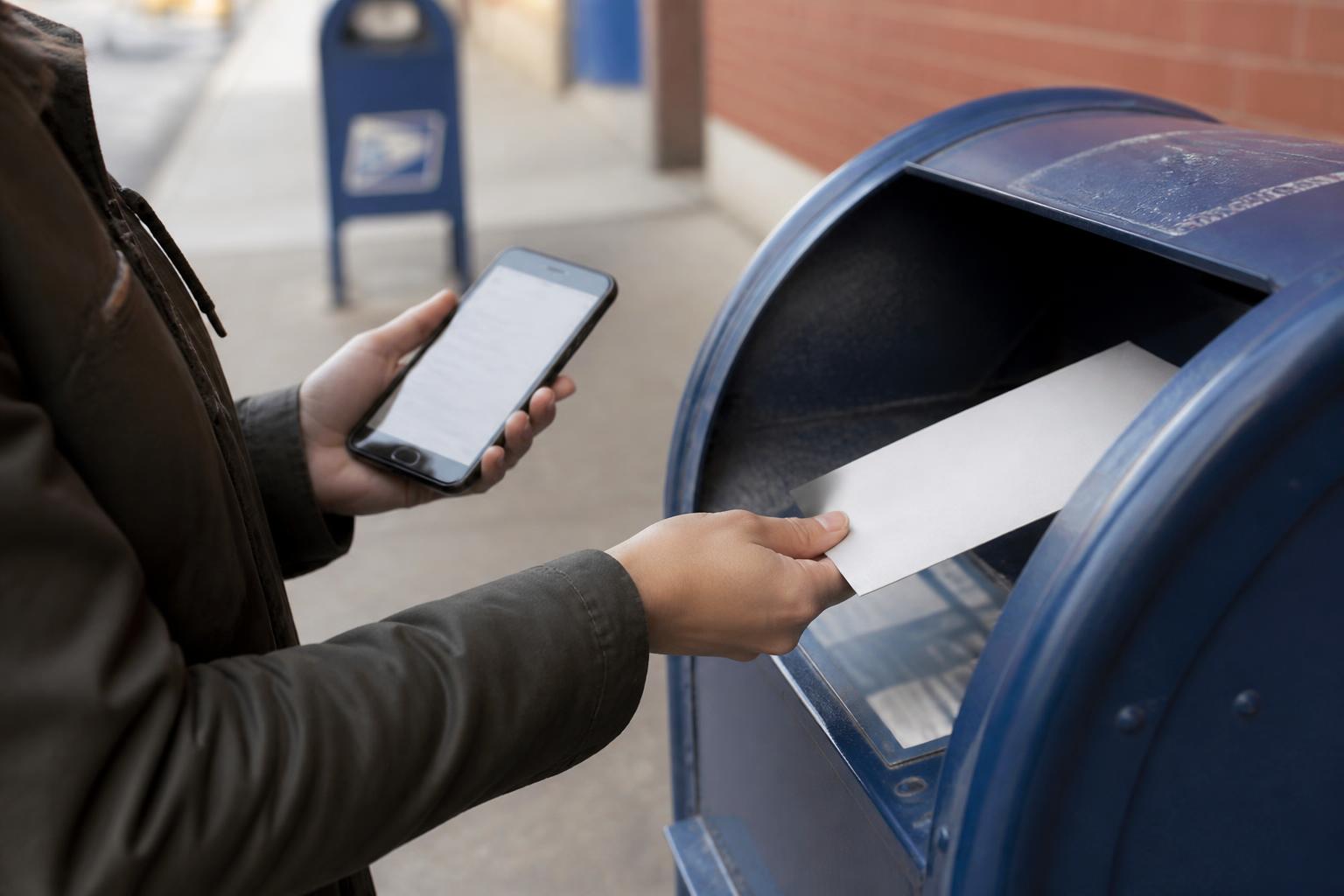 A taxpayer mailing a payment envelope at the post office before the deadline.