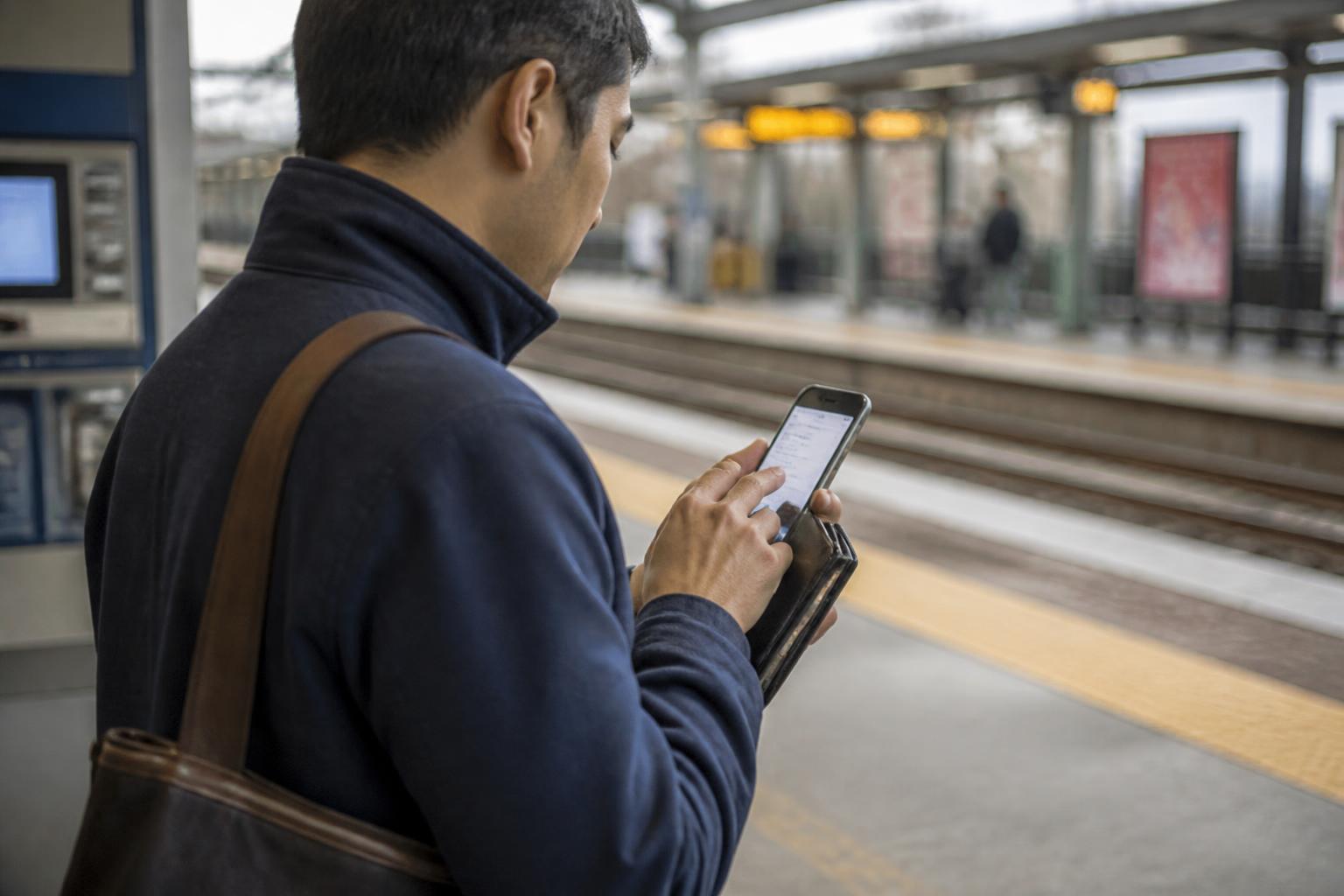 A commuter scheduling a card payment on a blurred phone near a train platform.