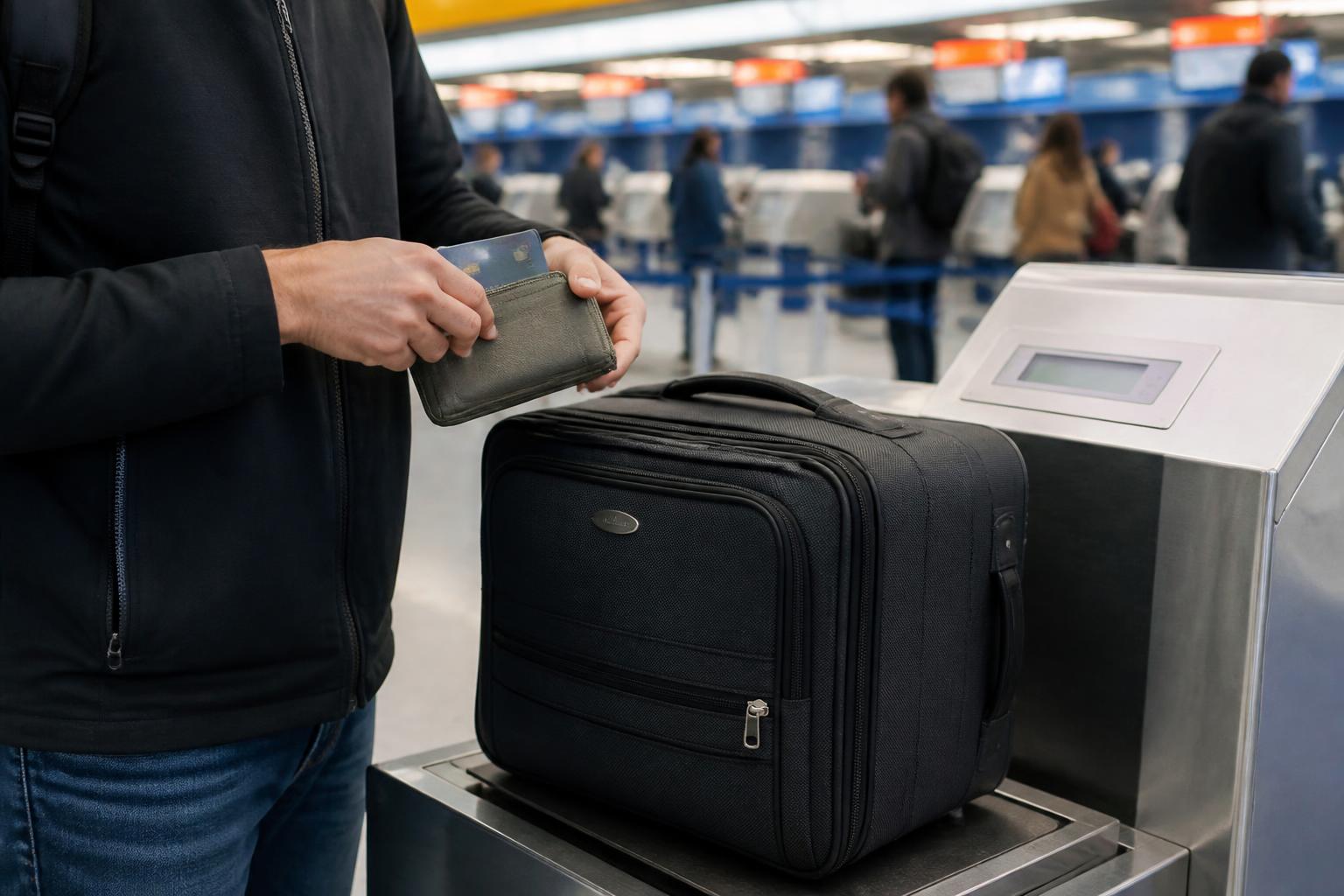 A traveler weighing a carry-on while keeping a rewards card in a travel wallet.