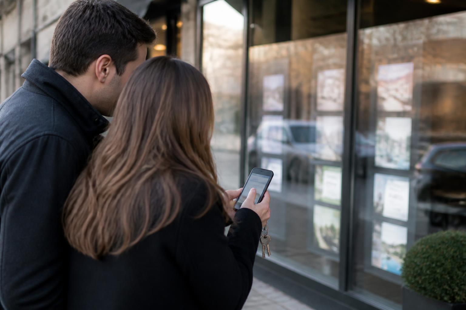 Homebuyers checking affordability outside a mortgage office after the election.
