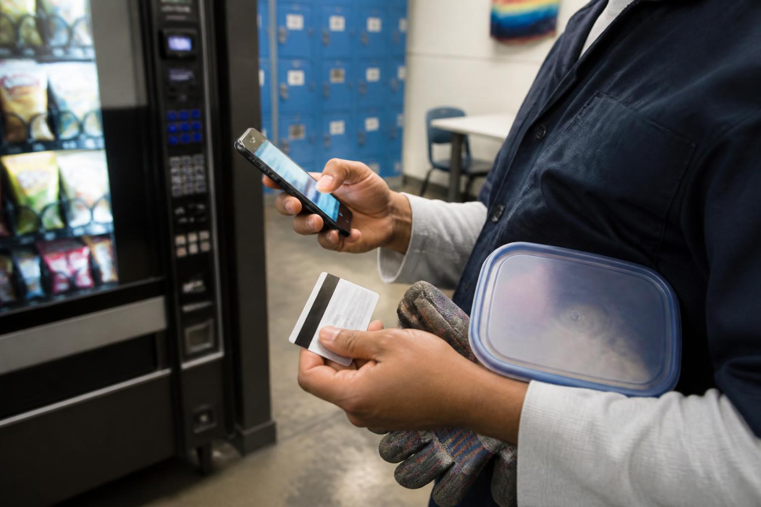 An employee checking a payroll card balance in a workplace breakroom.