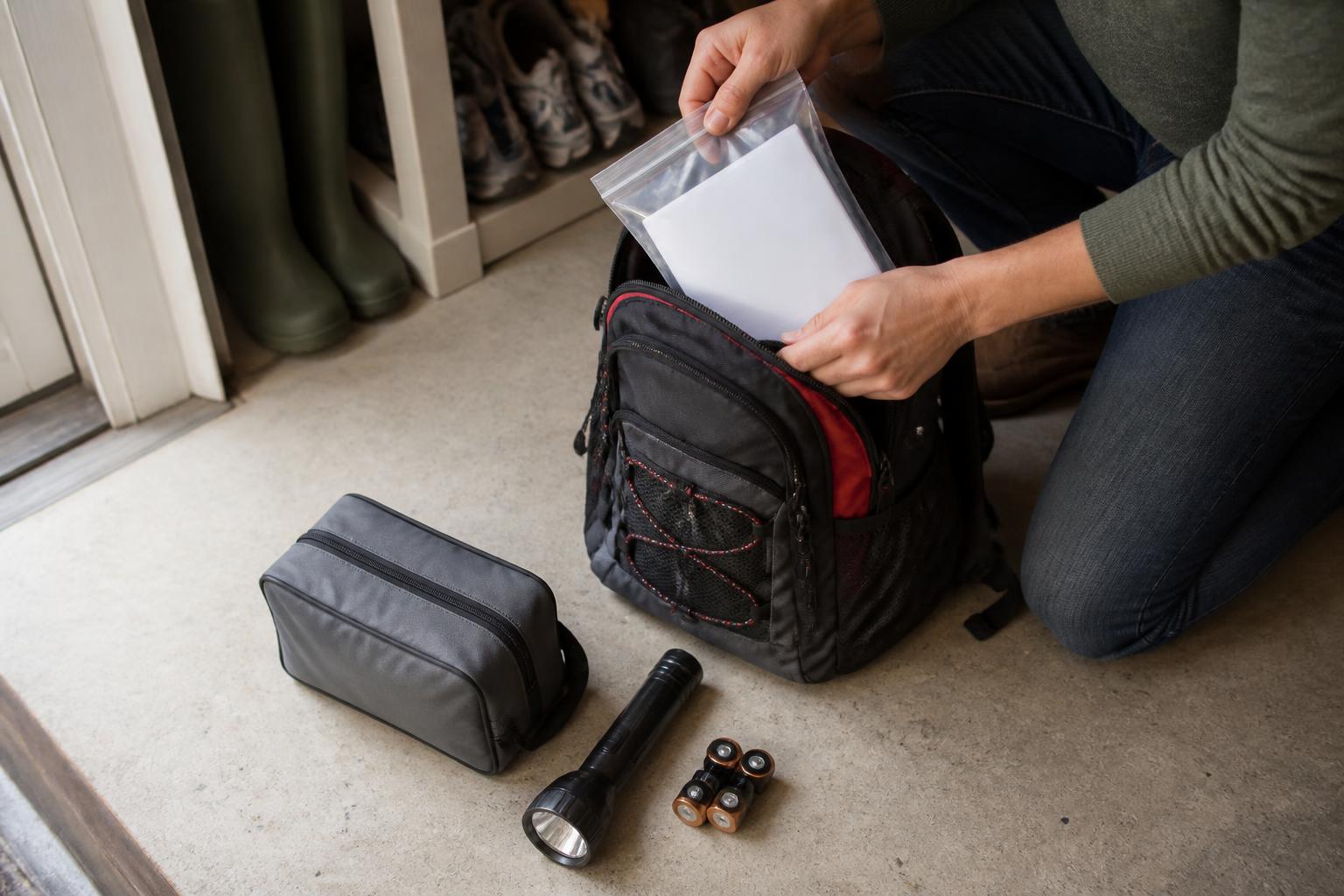 A homeowner packing a storm kit with a plain first-aid pouch and sealed document pouch.