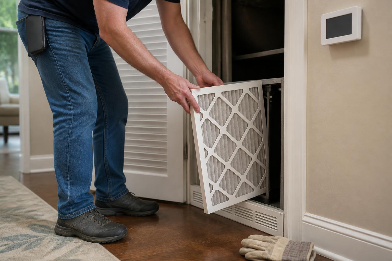 A homeowner replacing a plain air filter before summer heat.