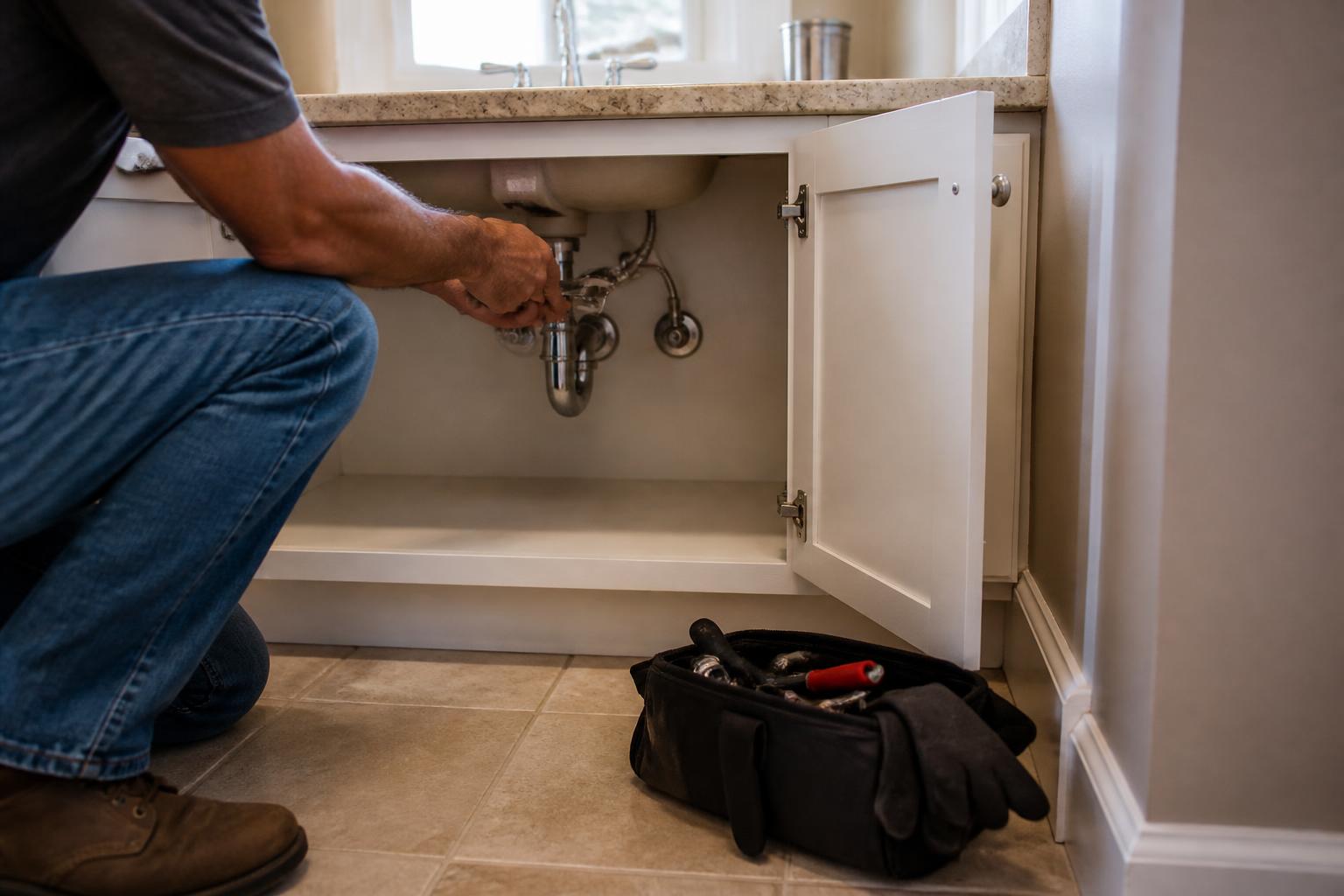 A homeowner tightening a plain faucet line during a small refund-funded repair.