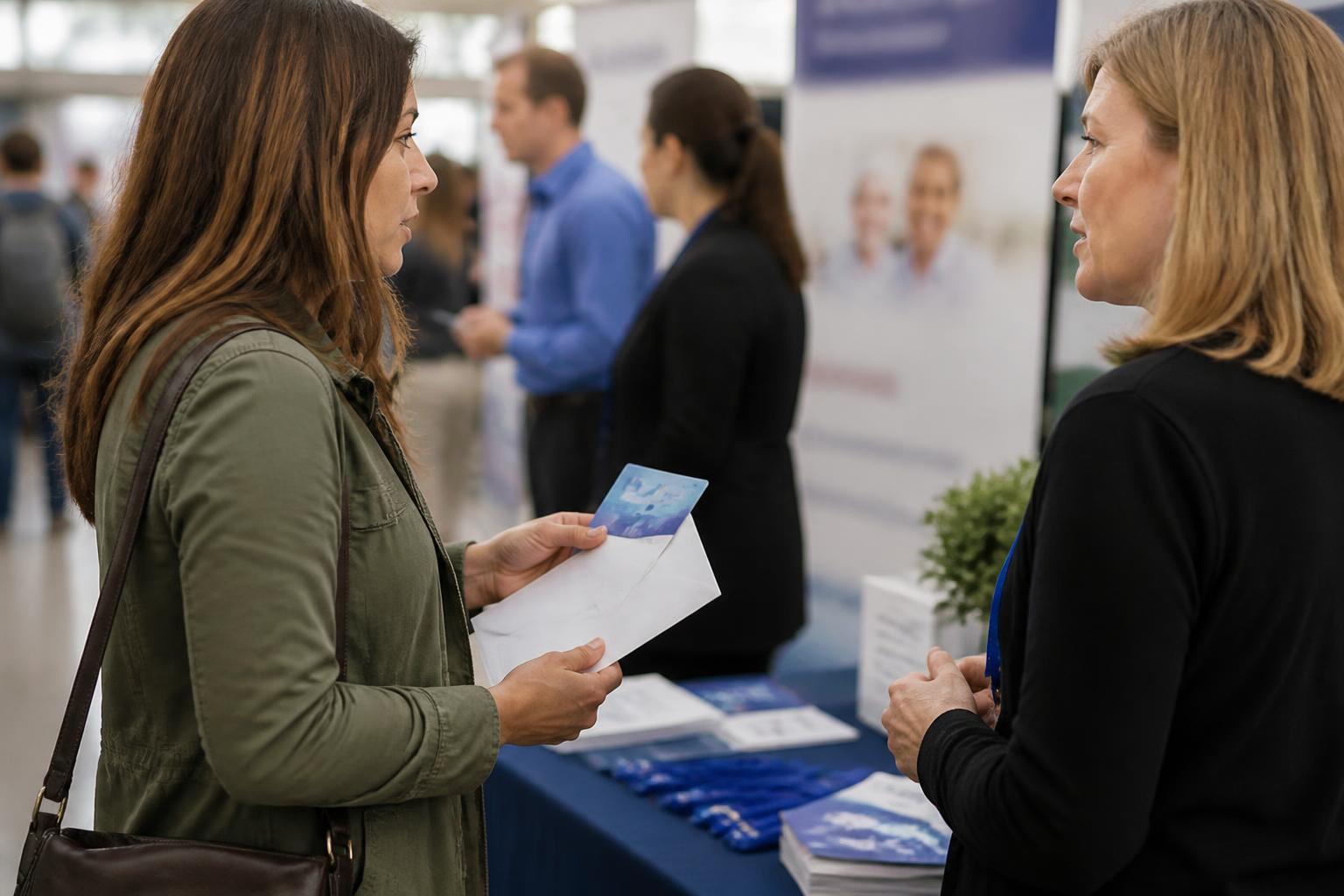 An employee speaking with a benefits representative during open enrollment.