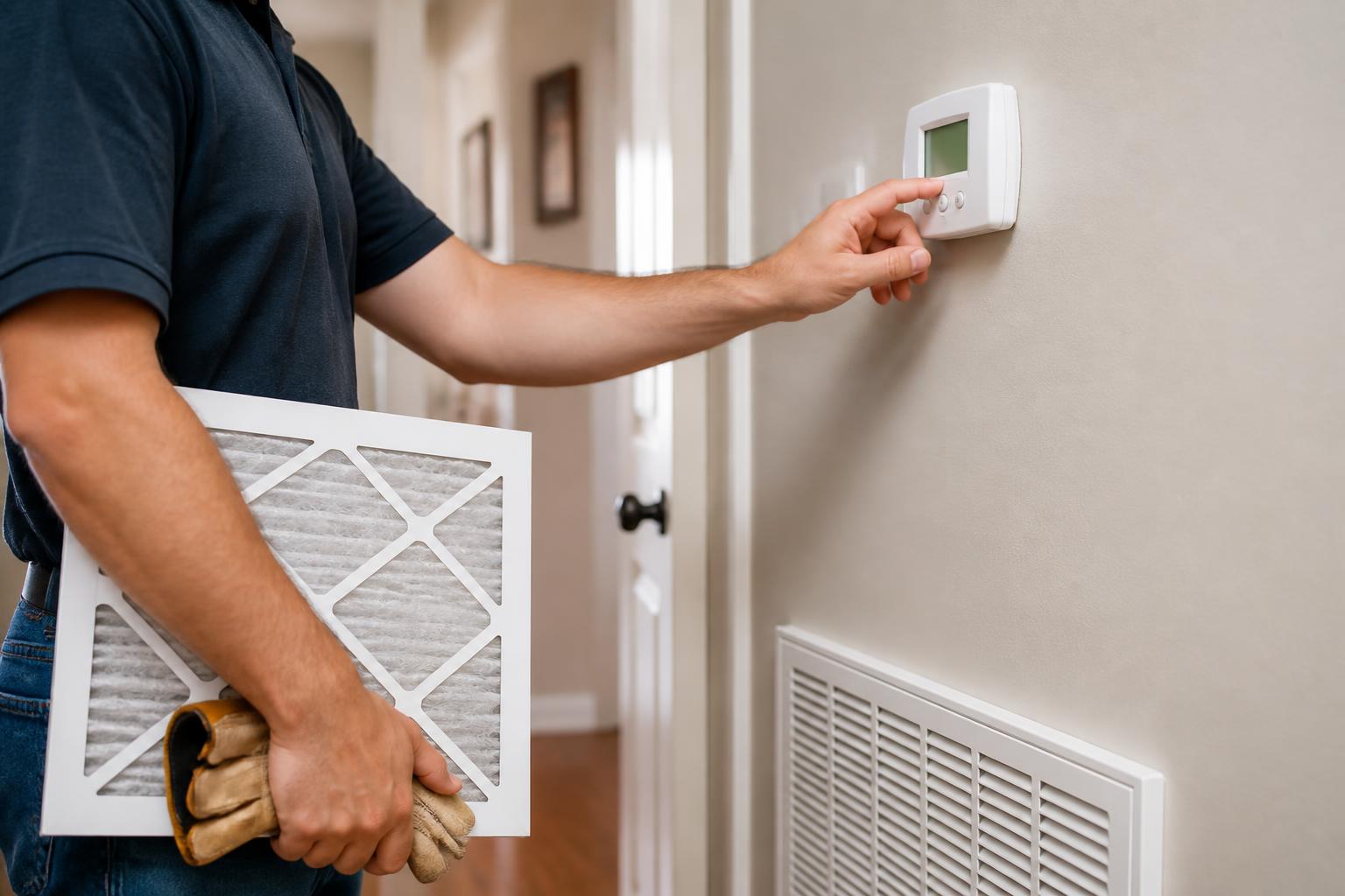 A homeowner adjusting a thermostat while holding a plain air filter.