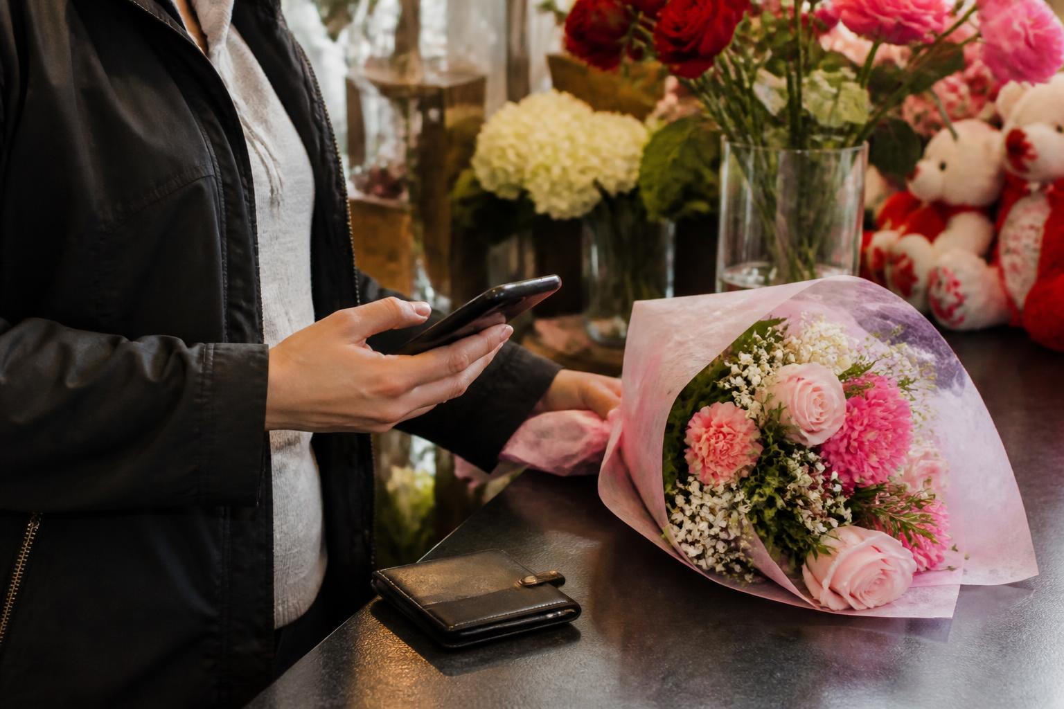 A shopper choosing flowers while keeping a wallet closed.