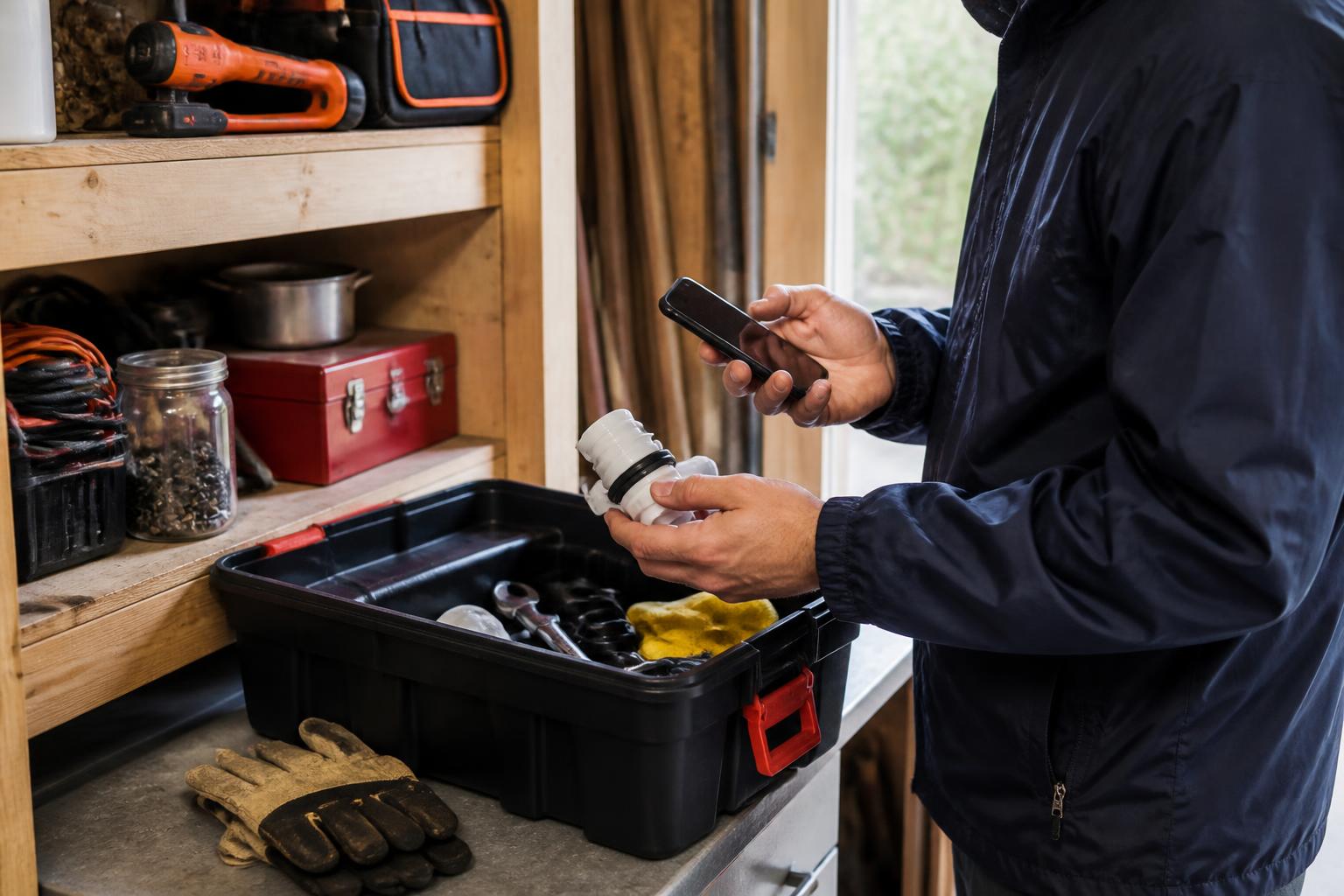 A homeowner putting a small repair part into a toolbox while checking a dark phone screen.