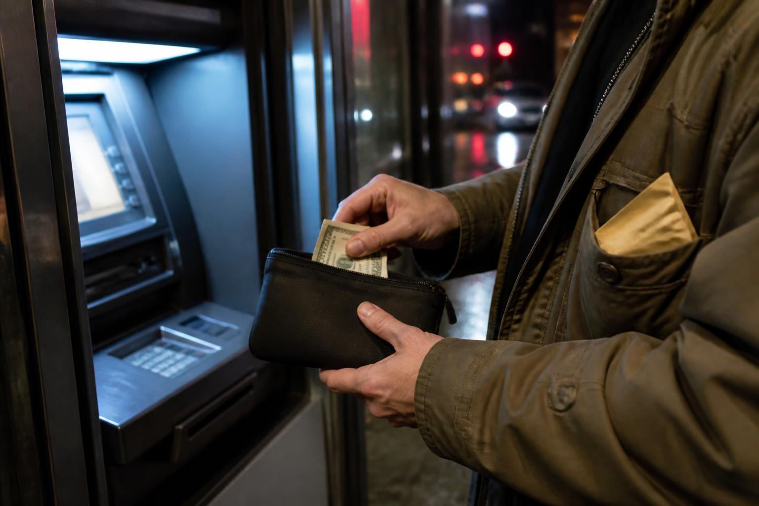 A taxpayer setting aside money near an ATM for a tax payment.