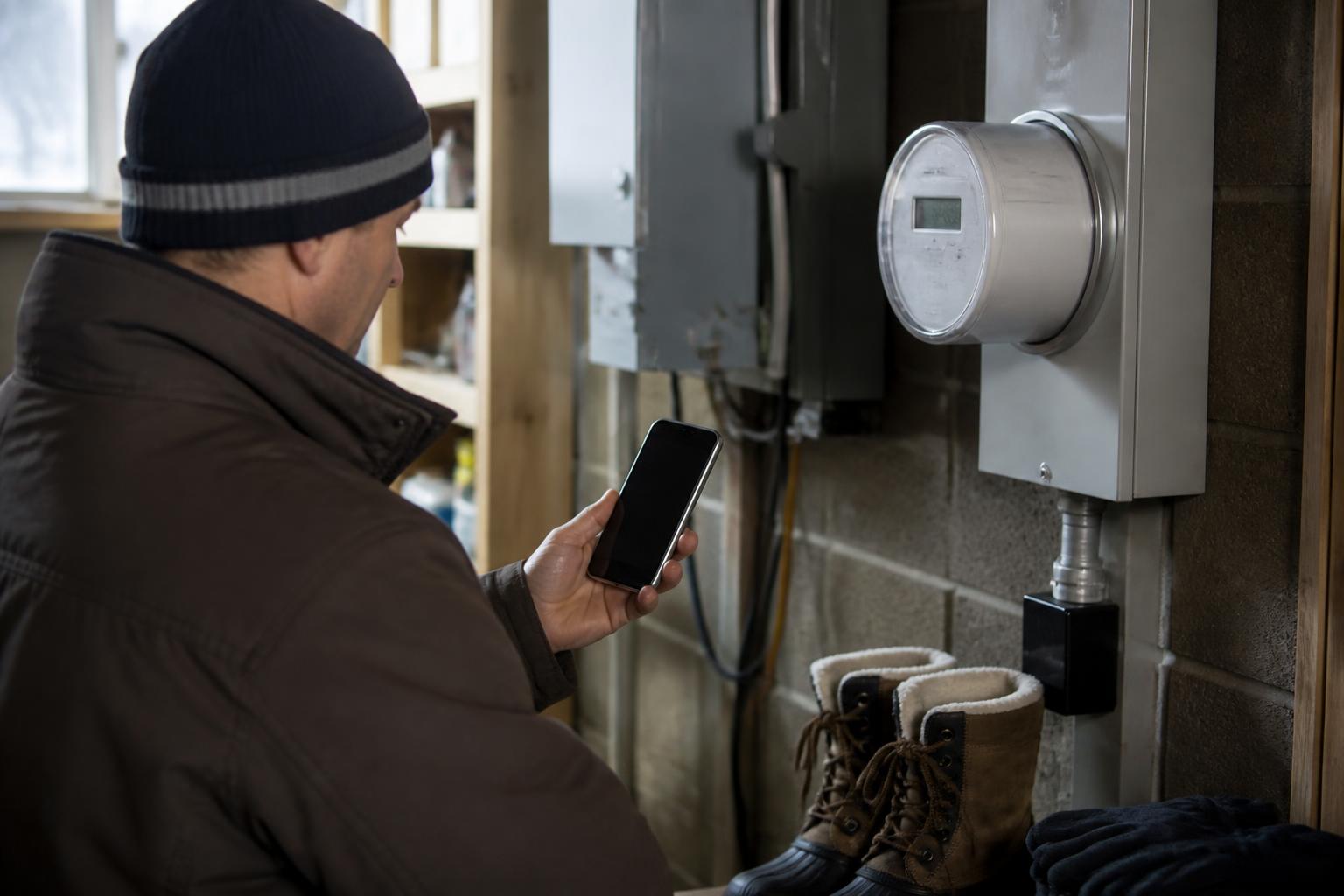 A homeowner checking a utility meter while planning changed bills.