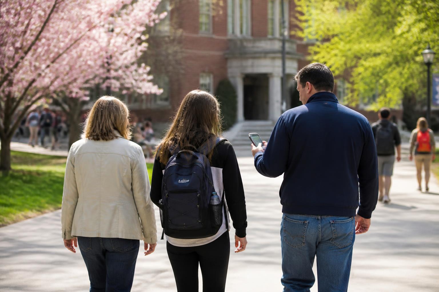 A family walking toward a campus aid office during college decision season.