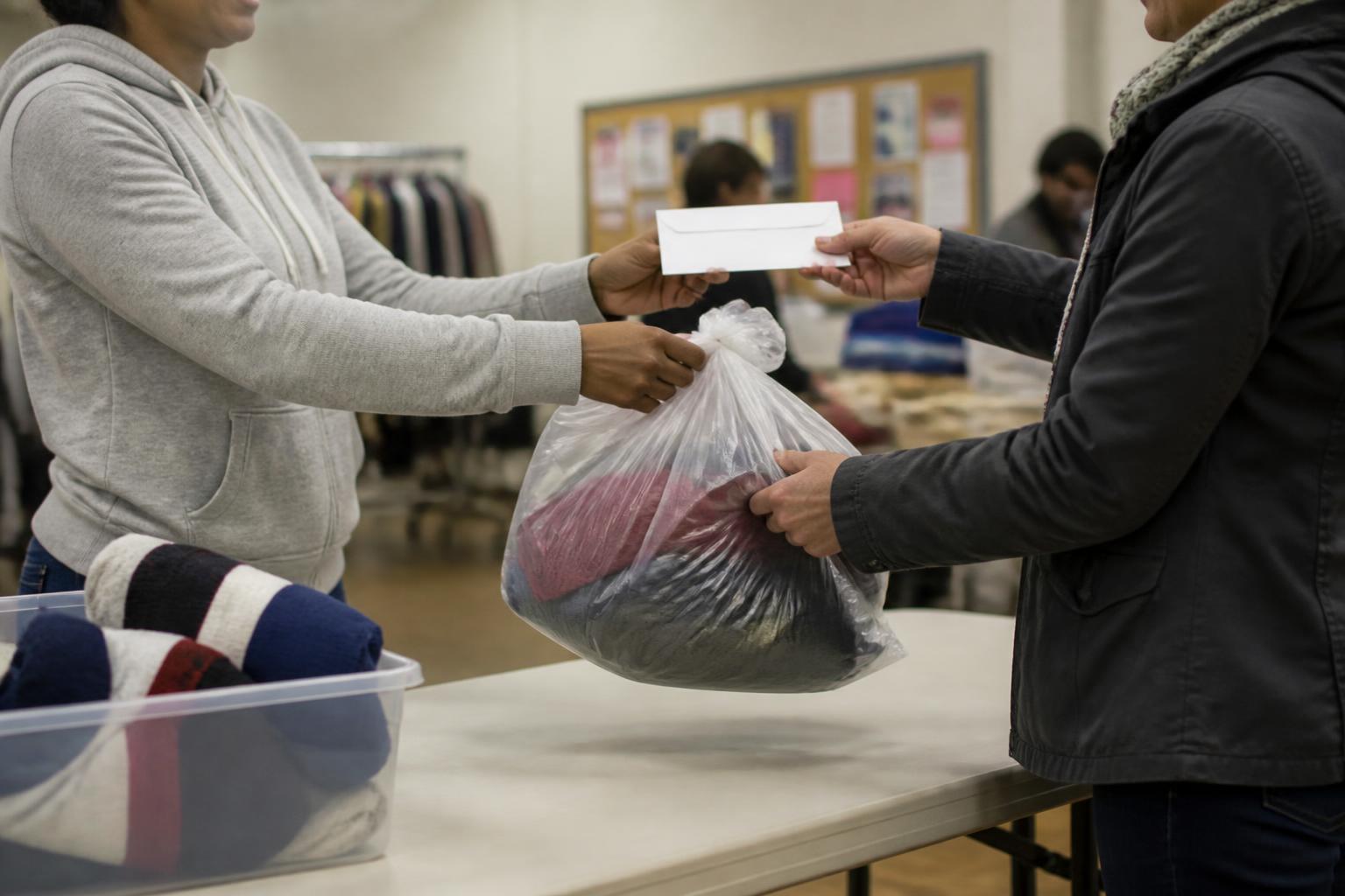 A donor handing a donation bag to a community center volunteer.