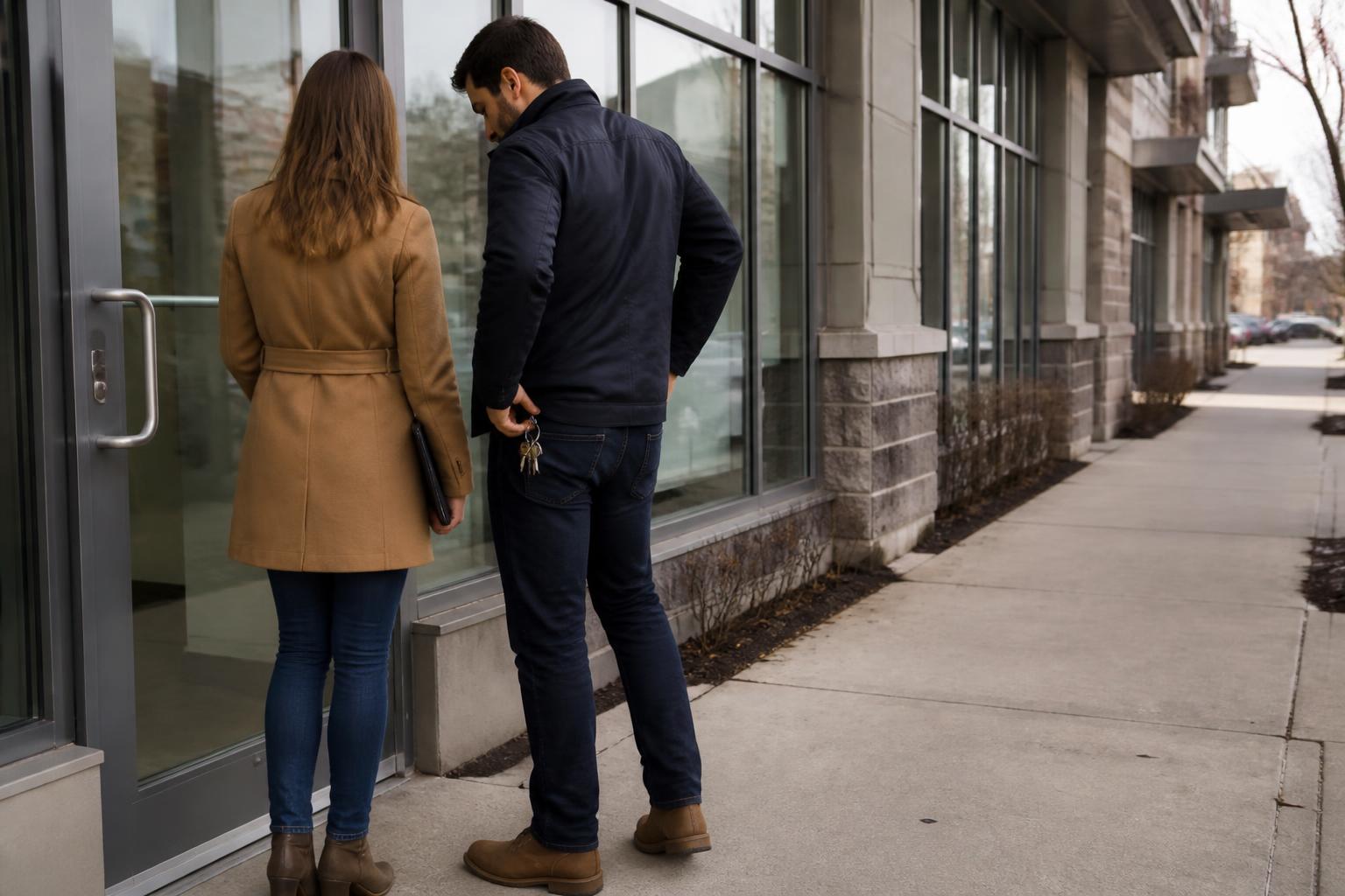 Homebuyers pausing outside a lender office before a mortgage appointment.