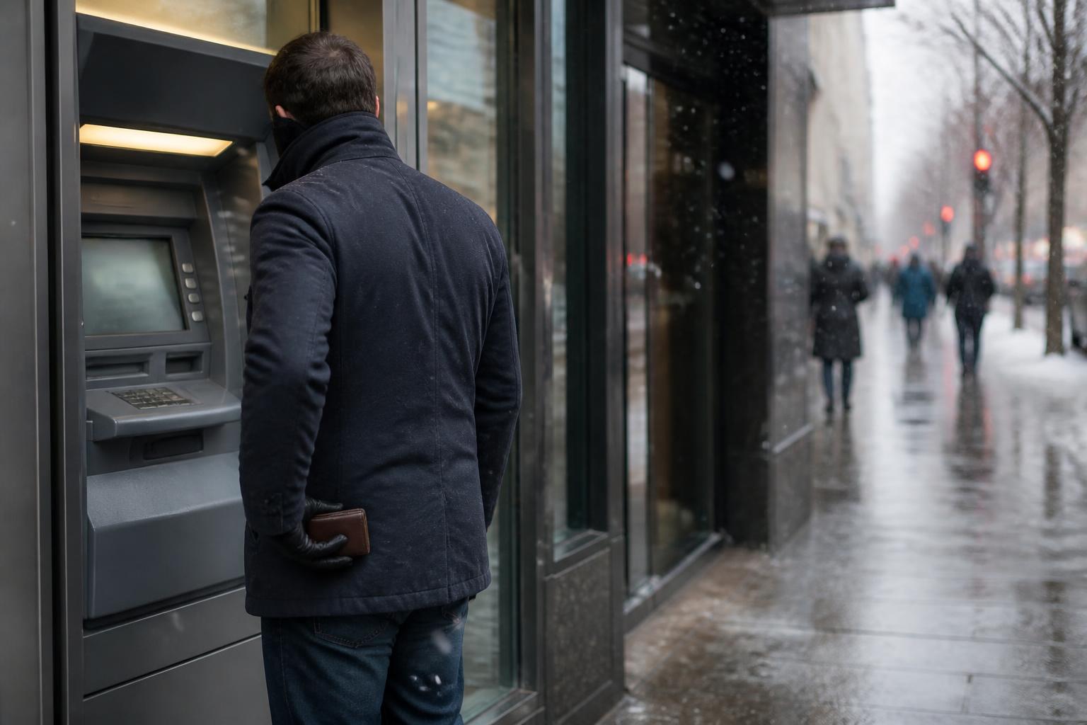 A borrower checking a balance at the ATM while sliding a closed wallet into a coat pocket.