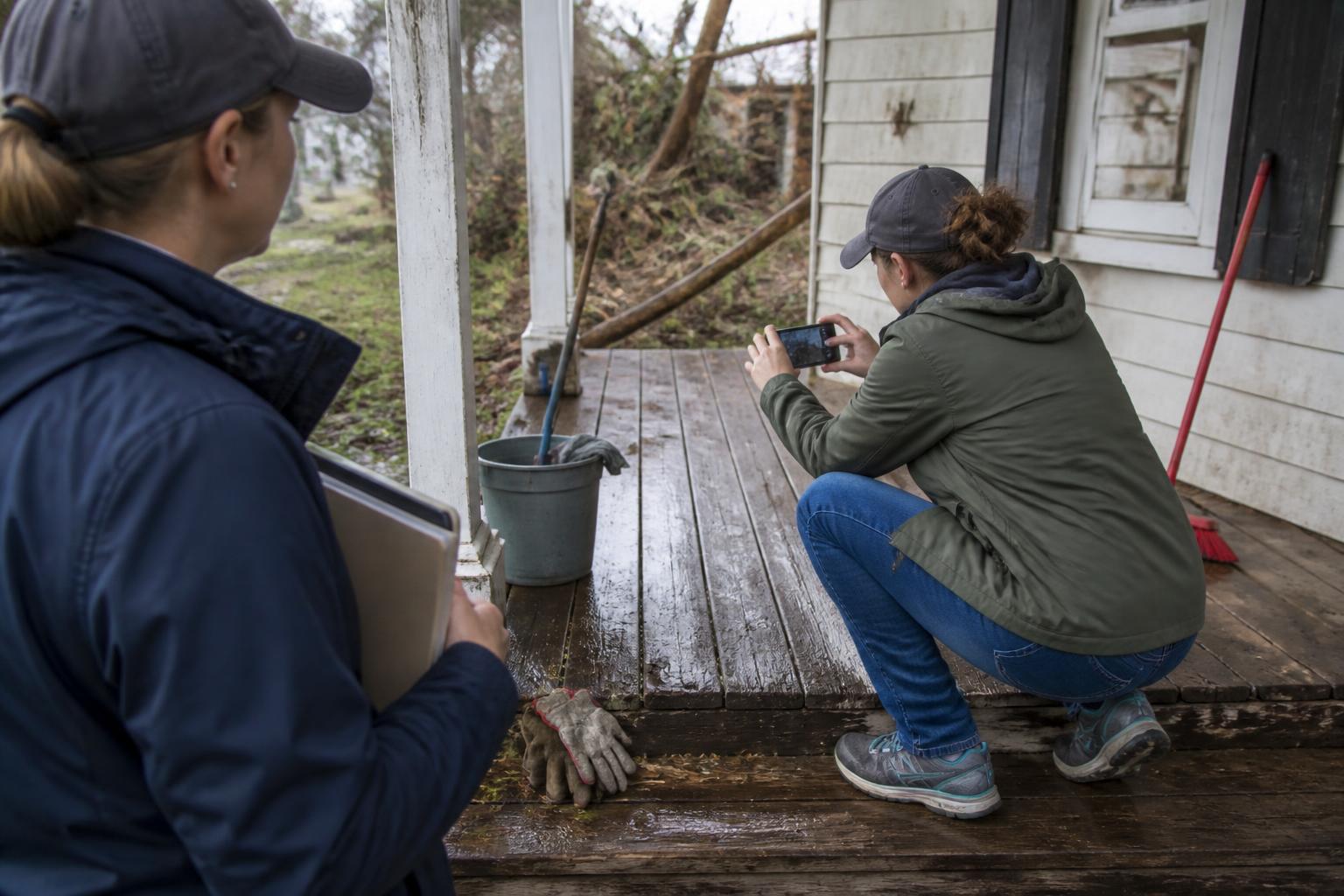 A homeowner photographing damaged porch boards while a claims adjuster checks the area from a respectful distance.