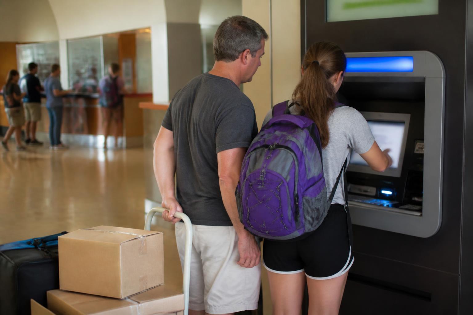 A student and parent choosing a campus ATM before move-in.
