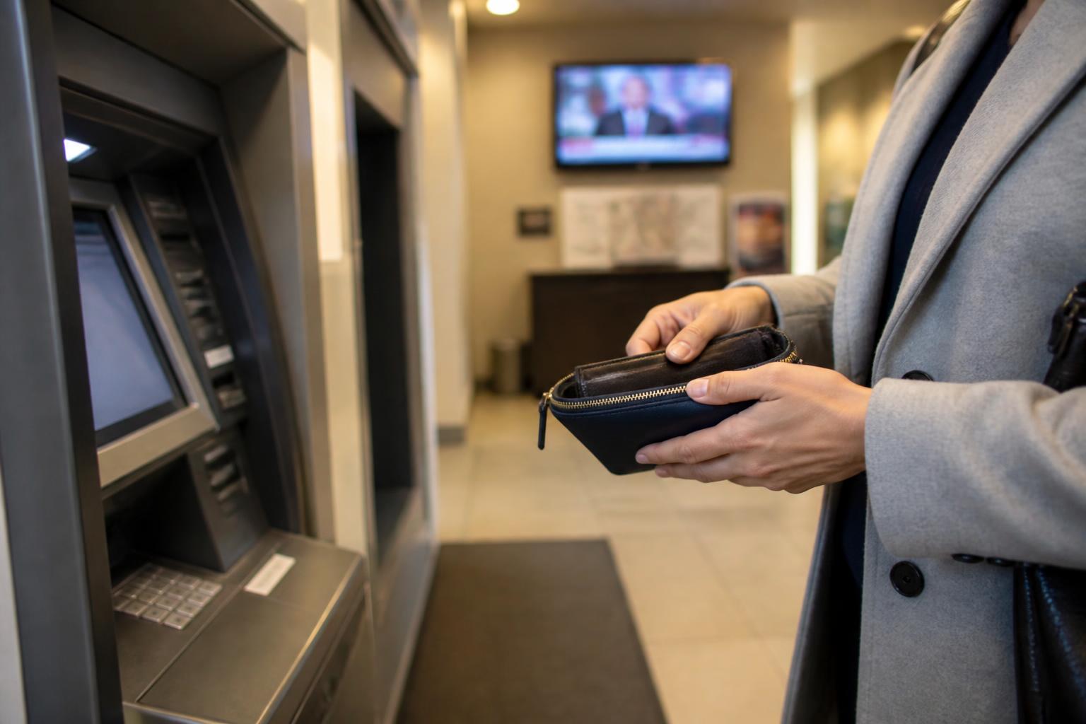 A saver checking an emergency savings balance while keeping cash inside a zipped pouch.