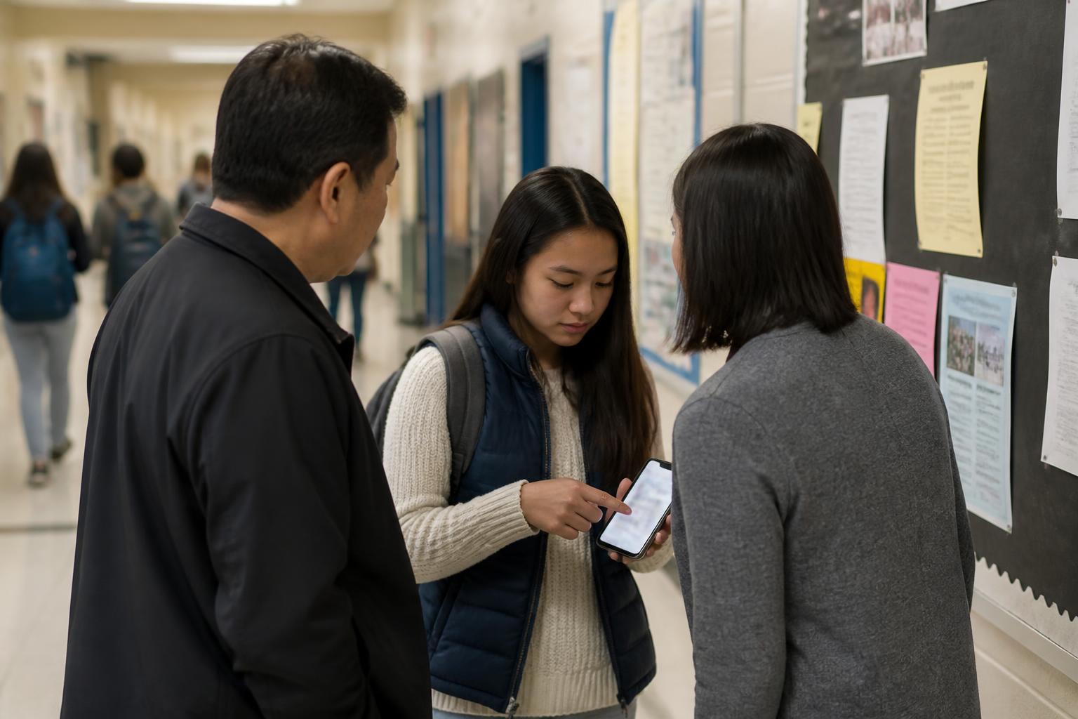 A student and parent standing beside a scholarship bulletin board while checking a blurred cost estimate on a phone.