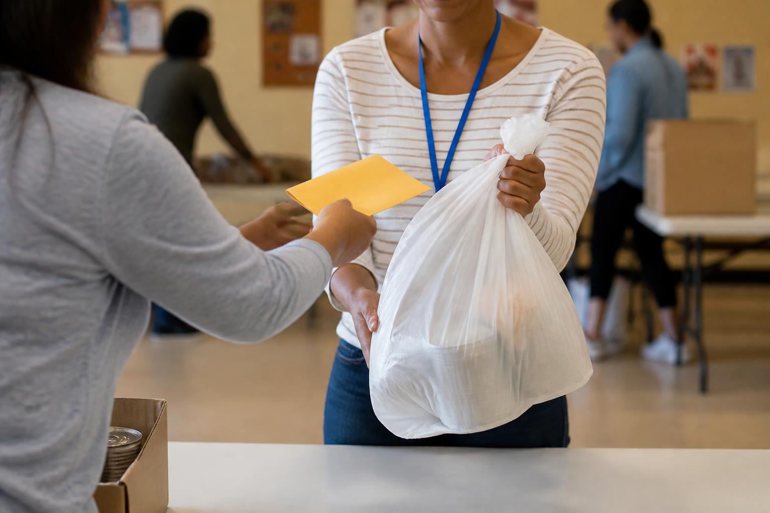 A donor handing a donation bag to a community center volunteer.