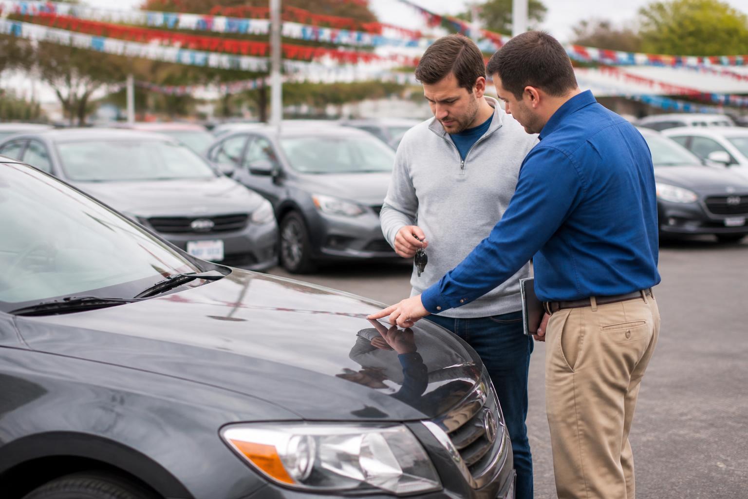 A buyer and salesperson inspecting a trade-in car before Labor Day.