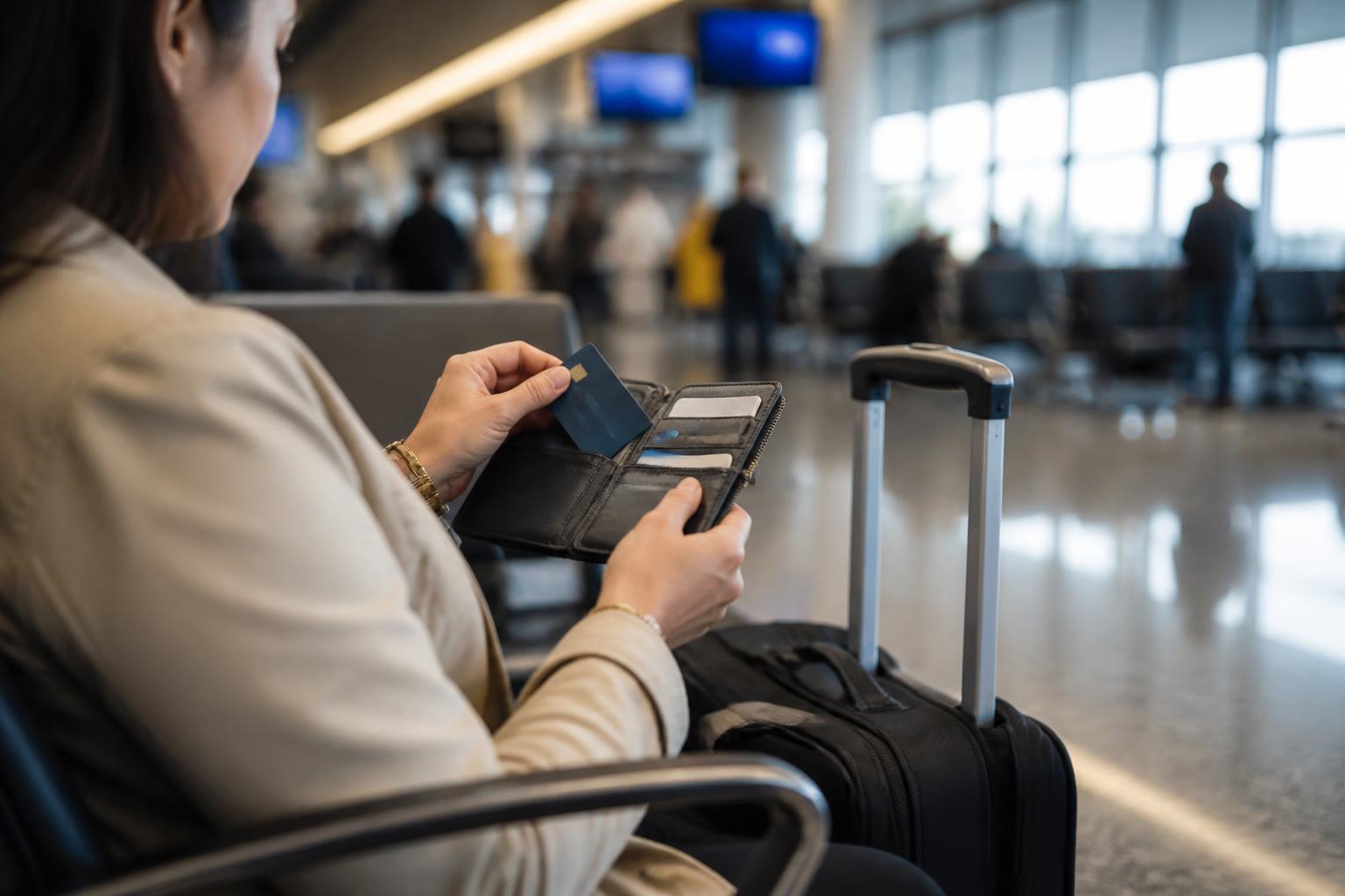 A traveler checking a wallet and card at an airport gate.