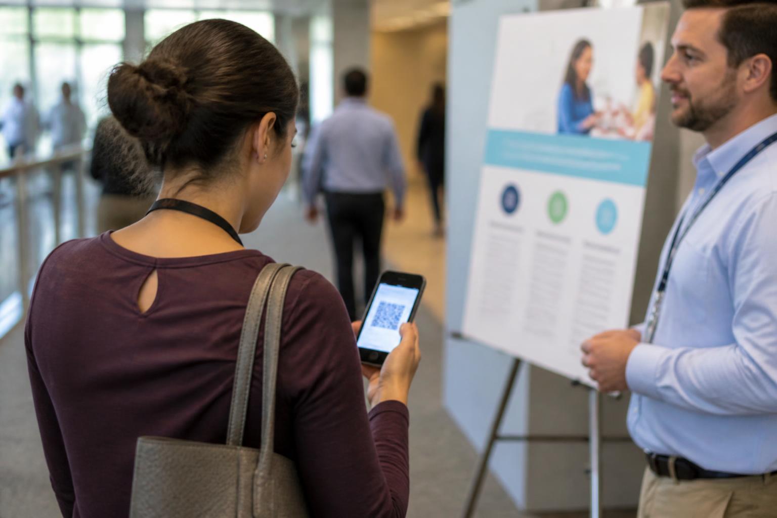 An employee scanning a blurred benefits QR code while walking away from an HR information area.