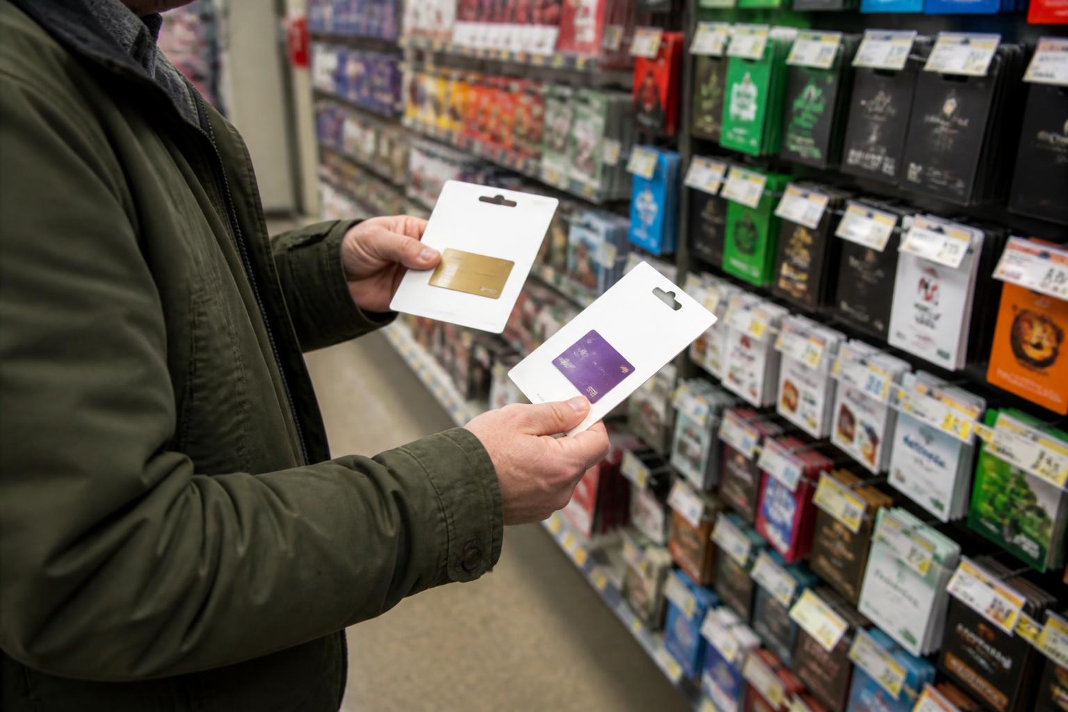 A shopper comparing two generic prepaid card packages while stepping away from the rack.