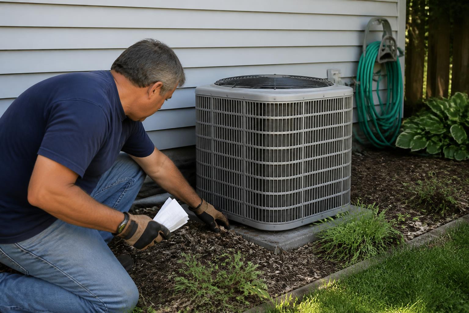 A homeowner cleaning around an air-conditioning unit before reviewing summer utility use.