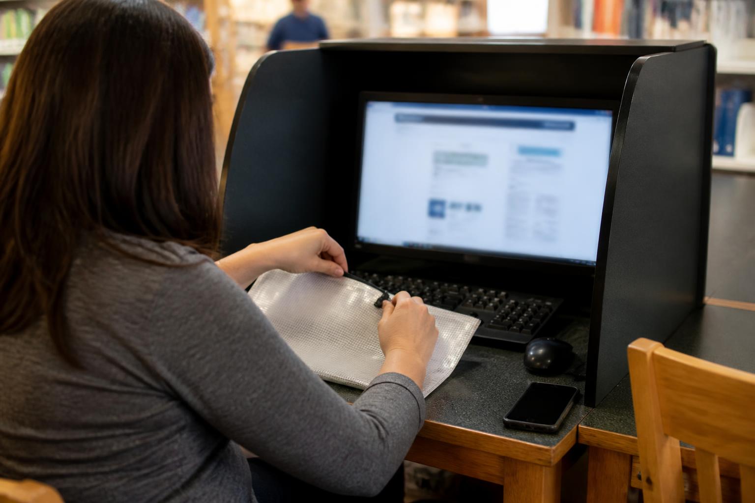 A consumer checking credit monitoring on a privacy-screen computer.