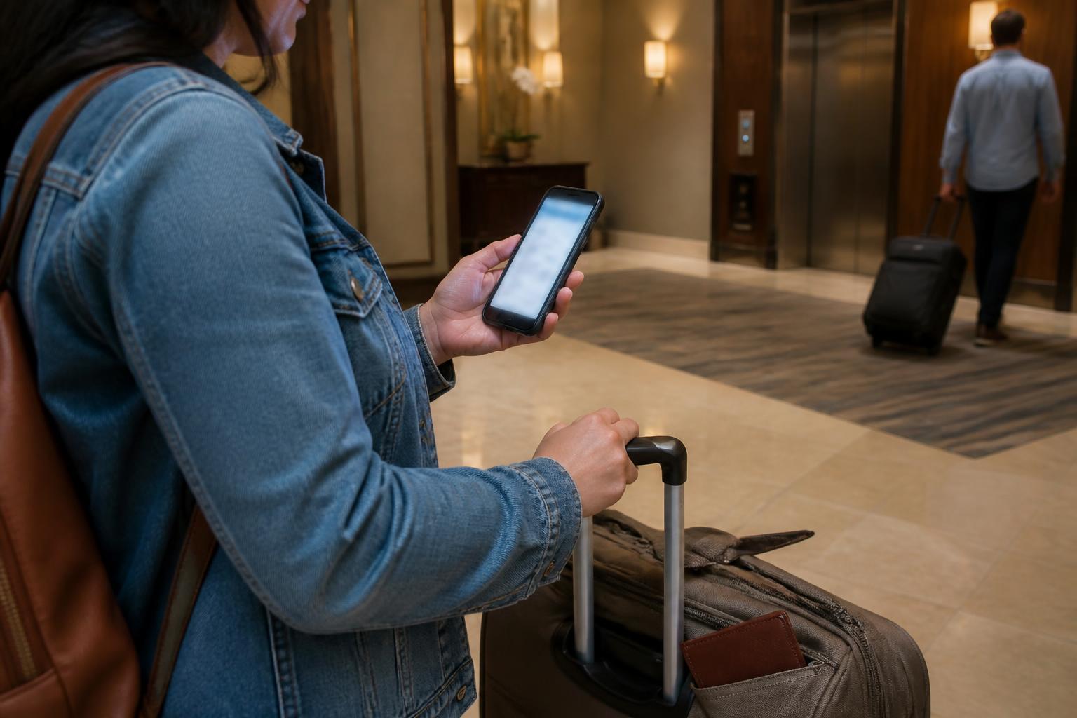 A traveler checking a blurred card hold alert on a phone while steadying a suitcase handle.