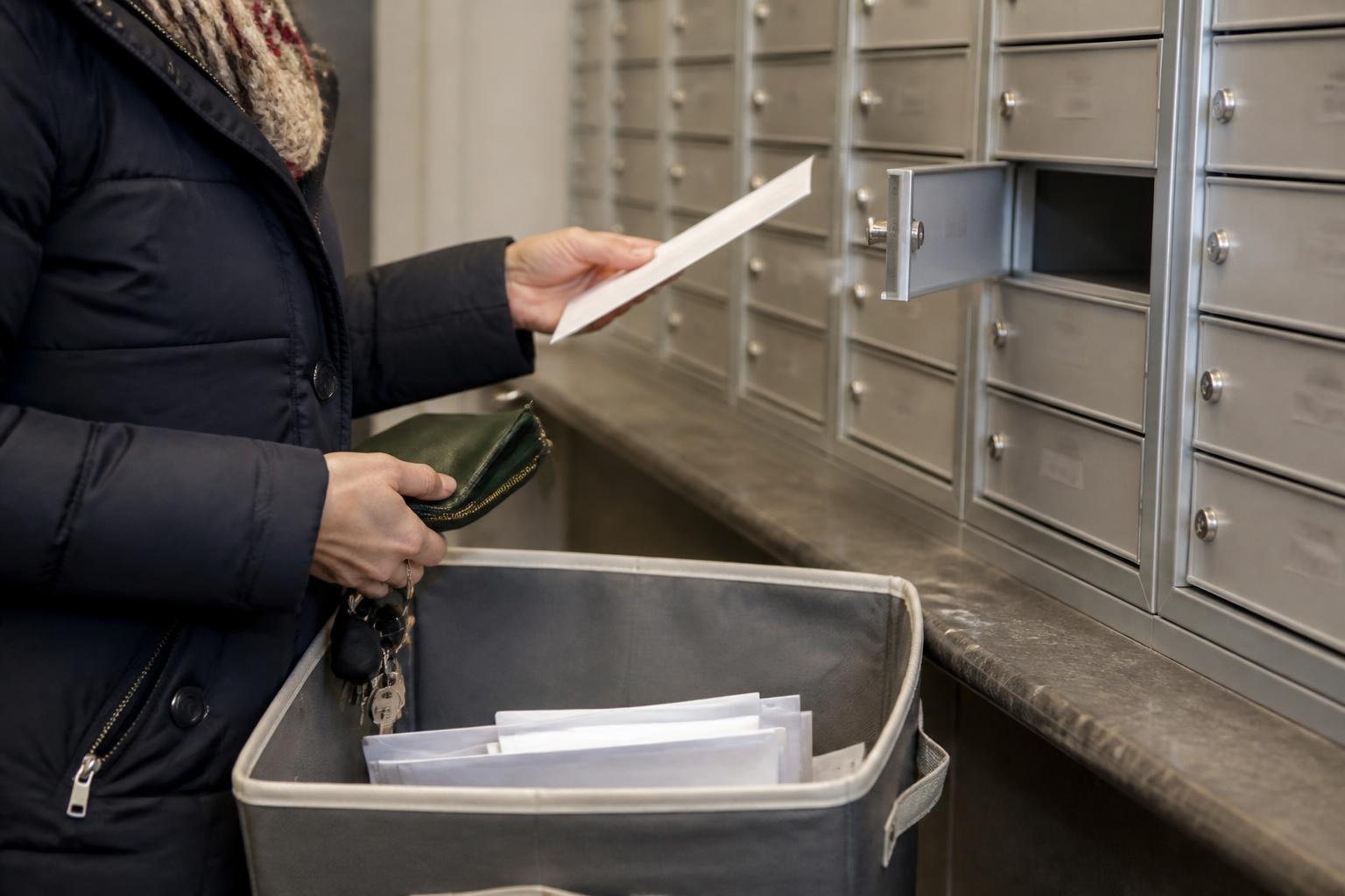 A resident sorting renewal mail in an apartment mailroom before January bills restart.
