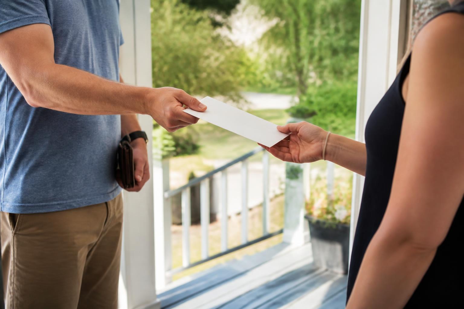 An adult handing over a sealed cash gift envelope at a front porch.