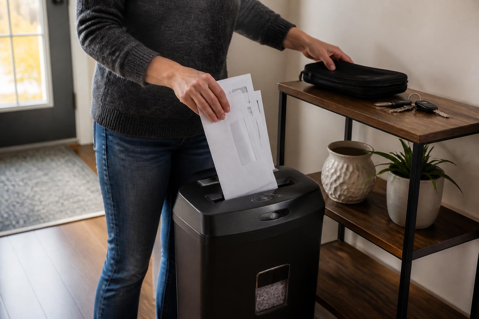 A person shredding old mail during a year-end credit fraud sweep.