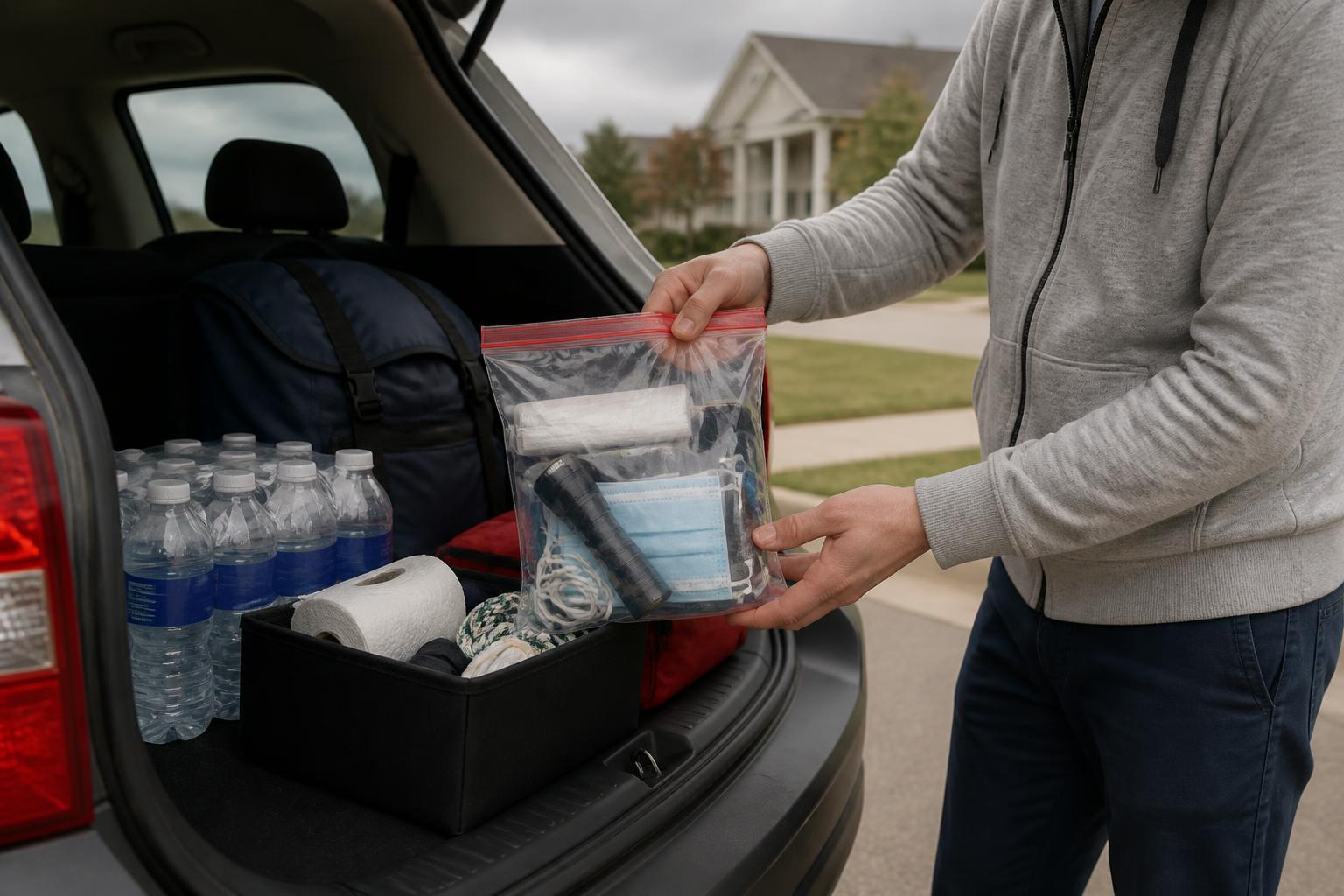 A person packing cash, documents, and storm supplies into a car trunk.