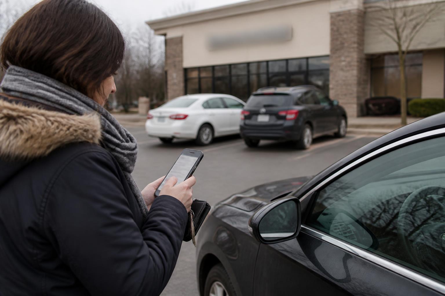 A homeowner checking refinance math outside a mortgage office after rates moved lower.