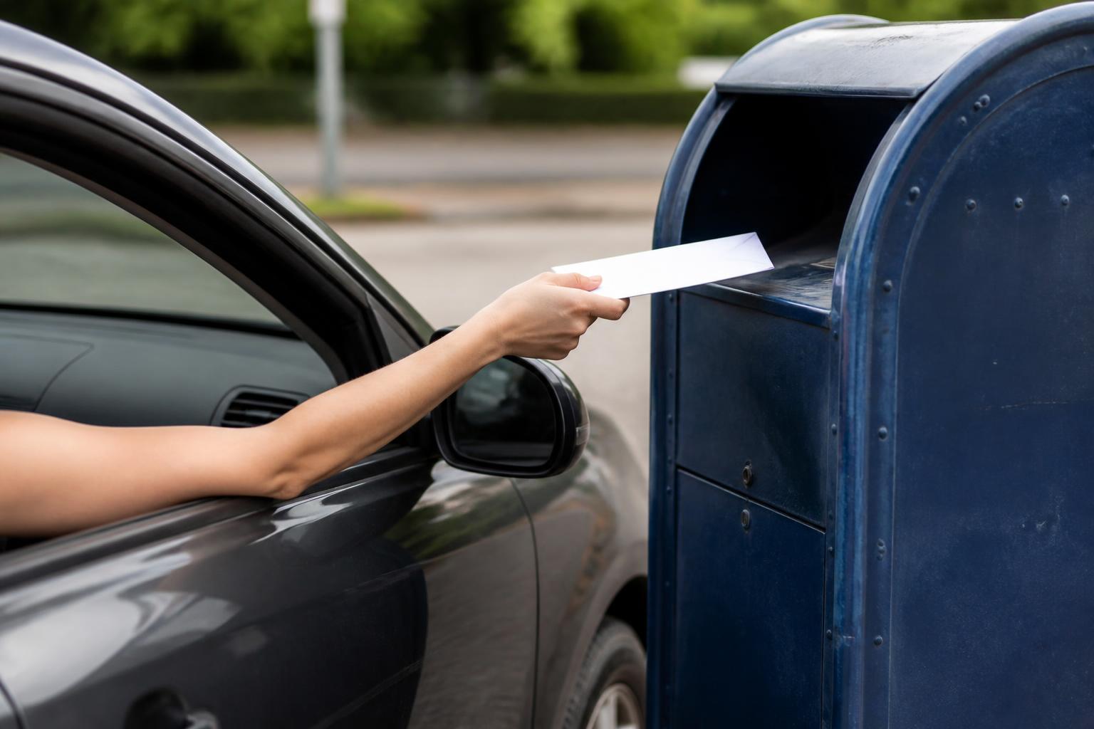A taxpayer mailing a sealed payment envelope from a drive-up mailbox before the July tax deadline.