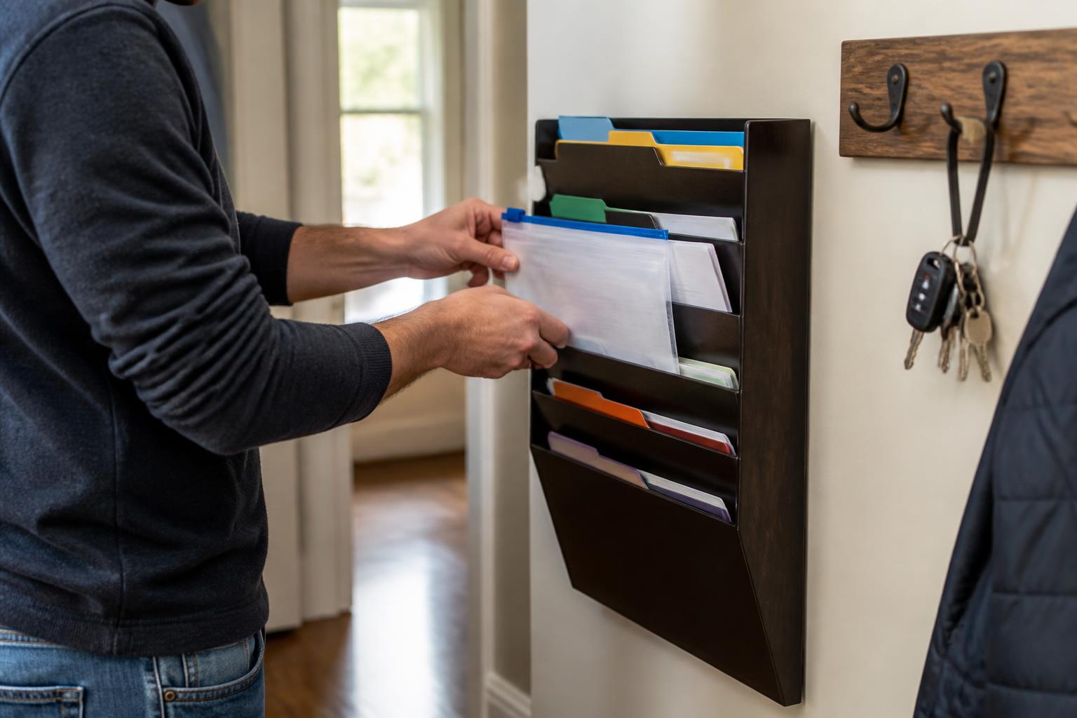 A taxpayer filing year-end tax records in a hallway organizer.