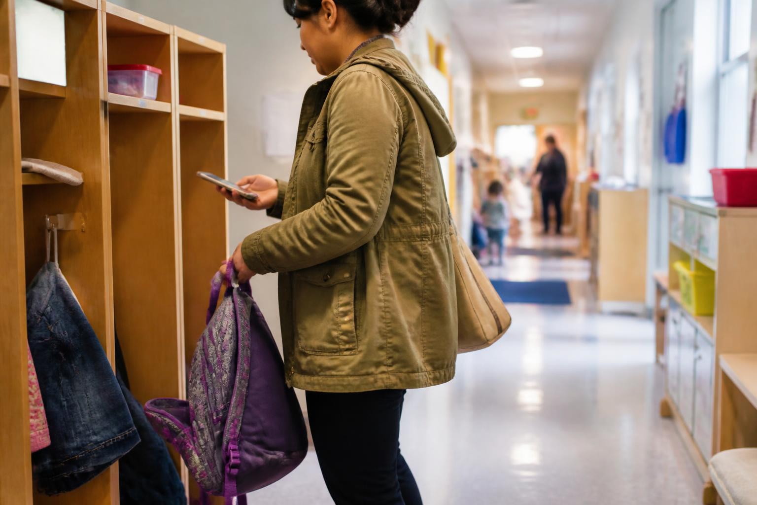 A parent picking up a backpack while adding a family budget reminder.