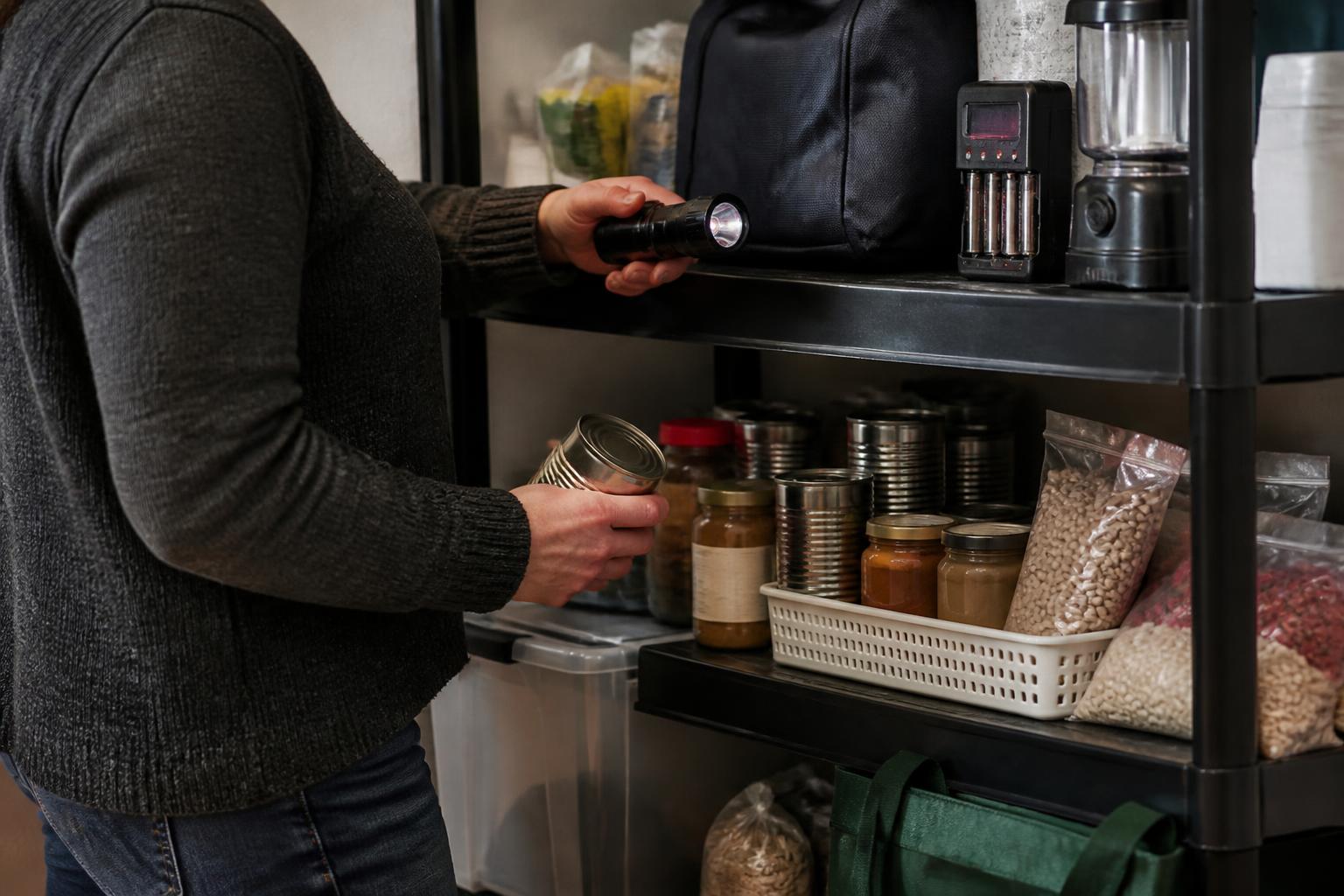 A person restocking a pantry shelf while checking emergency supplies.