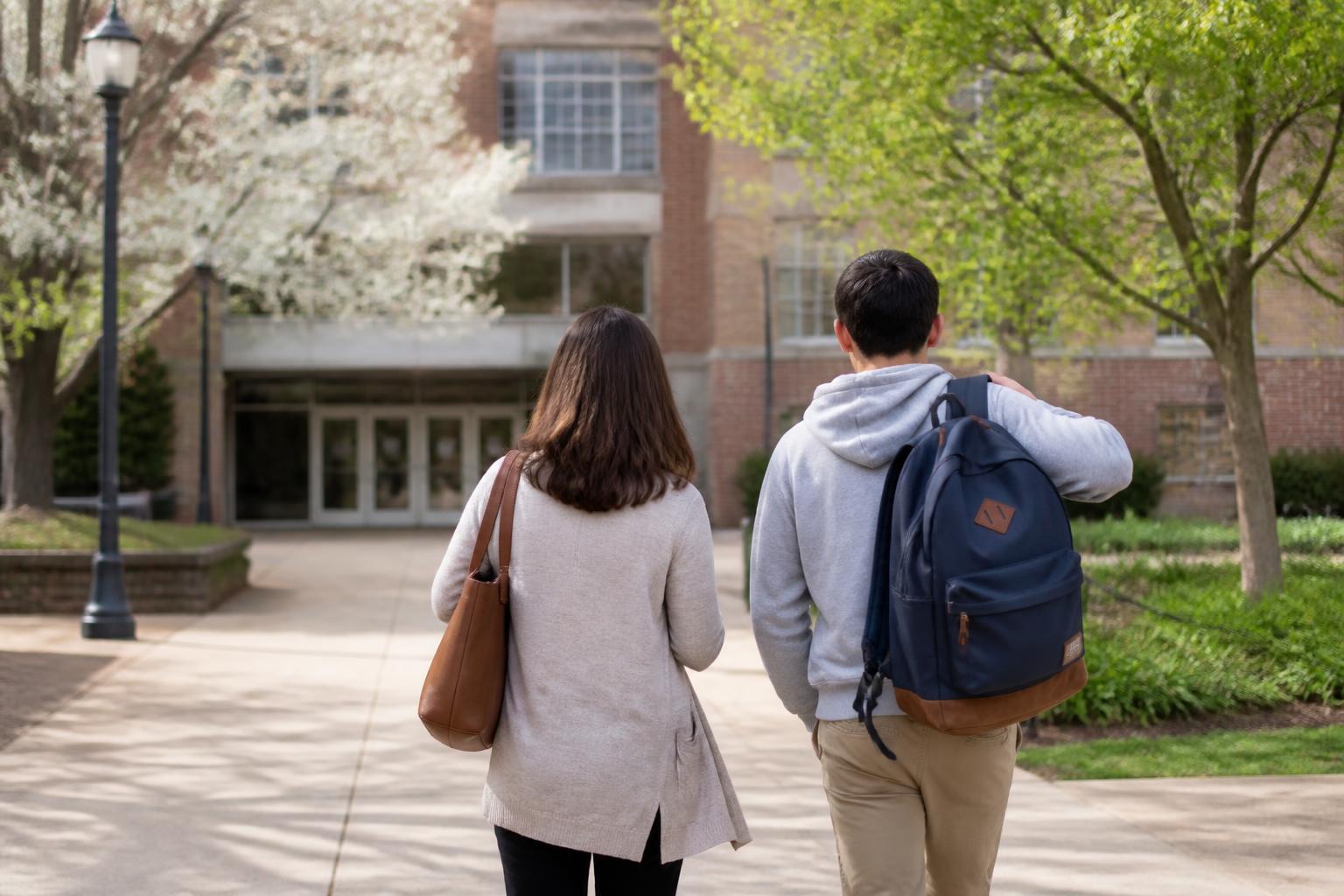 A student and parent walking toward a campus aid office.