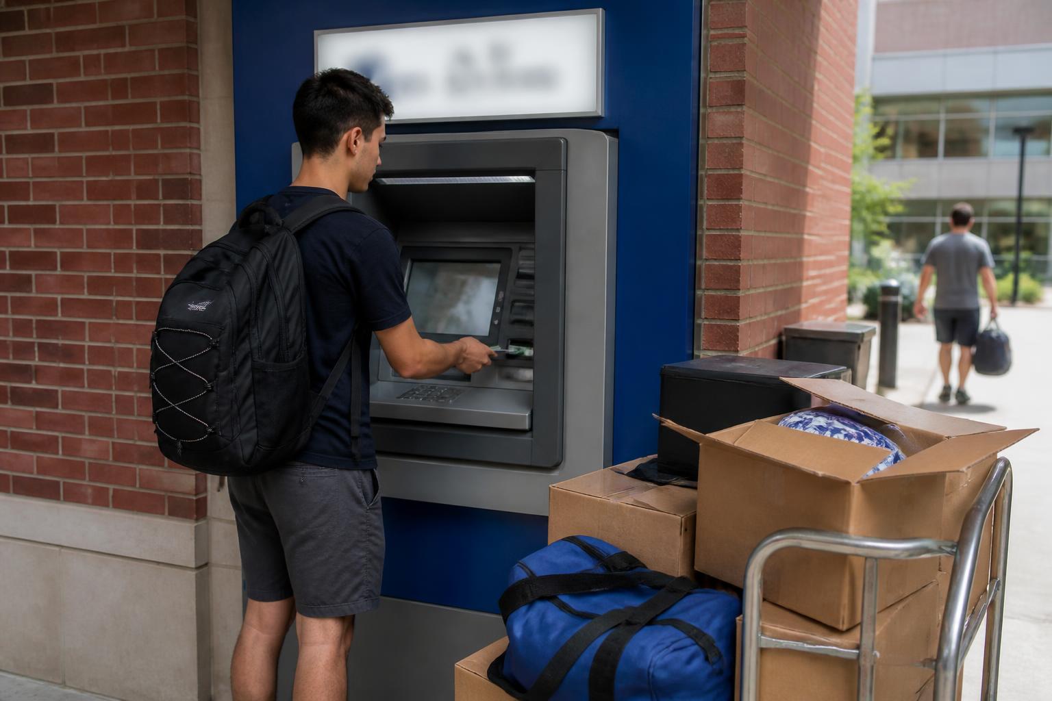 A student testing a campus ATM before move-in.