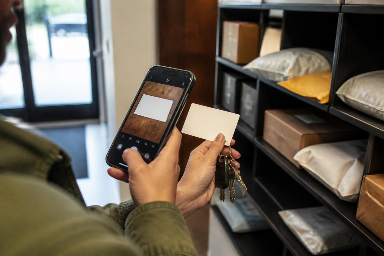 A renter photographing a blank reminder card in an apartment lobby.